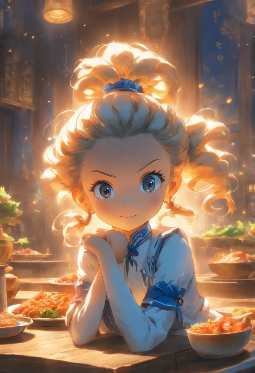 A sitting, There is a Western-style meal on the table,The restaurant is blue and white series,
