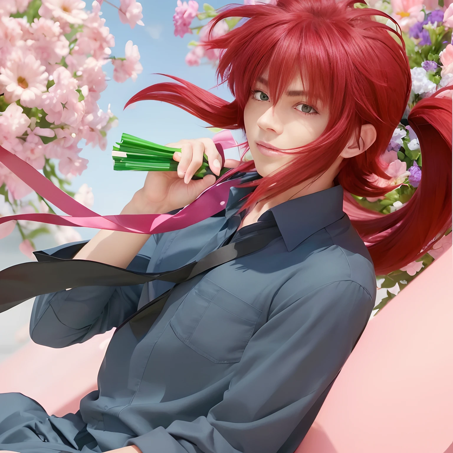 top-quality, 8K, ultra-detailliert, Yu Yu Hakusho, Kurama-hsien, Neutral males, Man with beautiful face, Green eyes, Photorealistic Tech, Have a bouquet, Black Y-shirt, (Black tie:1.2), tthin eyebrows, Smiling, 15yo student