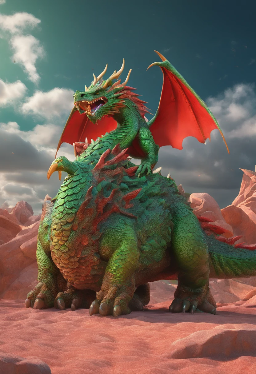 Four figures stand in front of the red and green dragon,There are different movements to look ahead,There is a lot of gravel in the foreground,There are a lot of clouds in the sky behind,A lot of detail