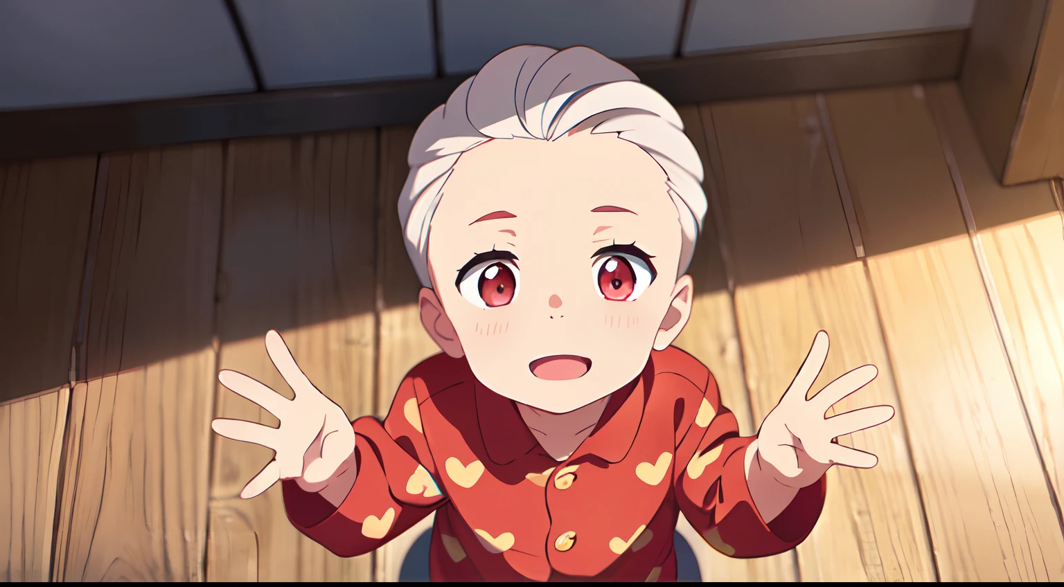 masterpiece, best quality, (1little boy), (baby son), (solo), (white hair), (short hair parted fringe forehead), red eyes, (Onesie), (red bears onesie), hands up, Happy baby, pacifier, indoors, looks up, SHINKAI MAKOTO
