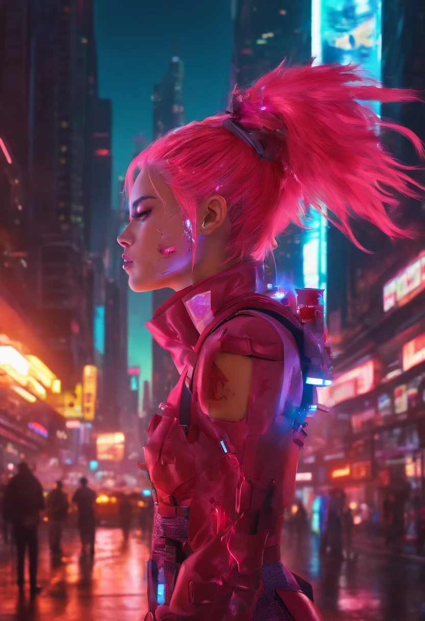 Cyberpunk, pink hair, futuristic, surreal, ultra-wide, wide-angle lens, looking up, dynamic movement, expressive, vibrant, sacred cinematic edges, laser hologram