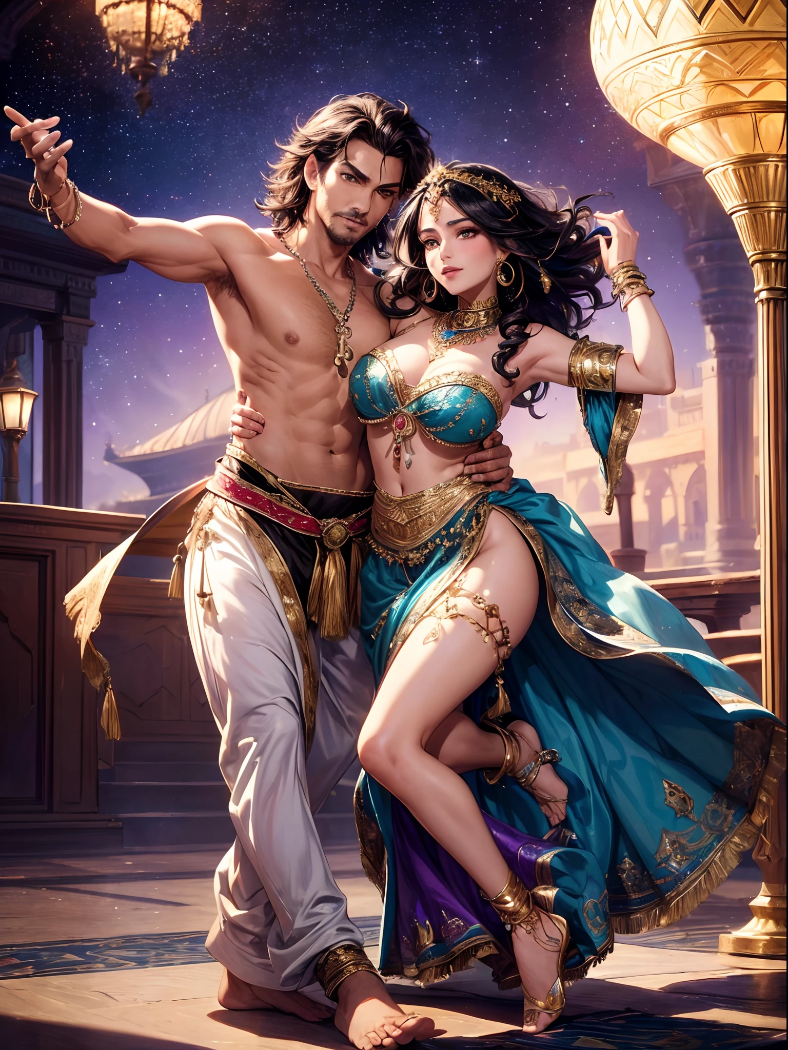 absurderes,(masterpiece、top-quality、8K ),intricate detailes,ultra-detailliert、1 Beautiful Arab Woman、(Gypsy national costume,:1.4),(dancing,dynamic pose:1.4),Cinematic composition,A slight smil、darkskinned、black curly hair、natta、Arabian Night、Aladdin、jasmine、Hyper realistic,Perfect Anatomy