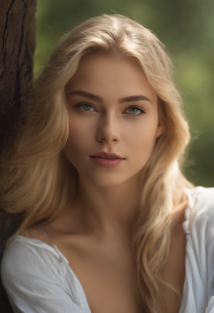 (best quality,masterpiece:1.2),detailed,portrait,woman,pastel green clothes,long blond hair,olive eyes,sexy pose,medium breasts,delicate facial features,fine brushstrokes,vibrant colors,soft lighting,subtle shadows,classical art style,lush background,sophisticated atmosphere,feminine elegance