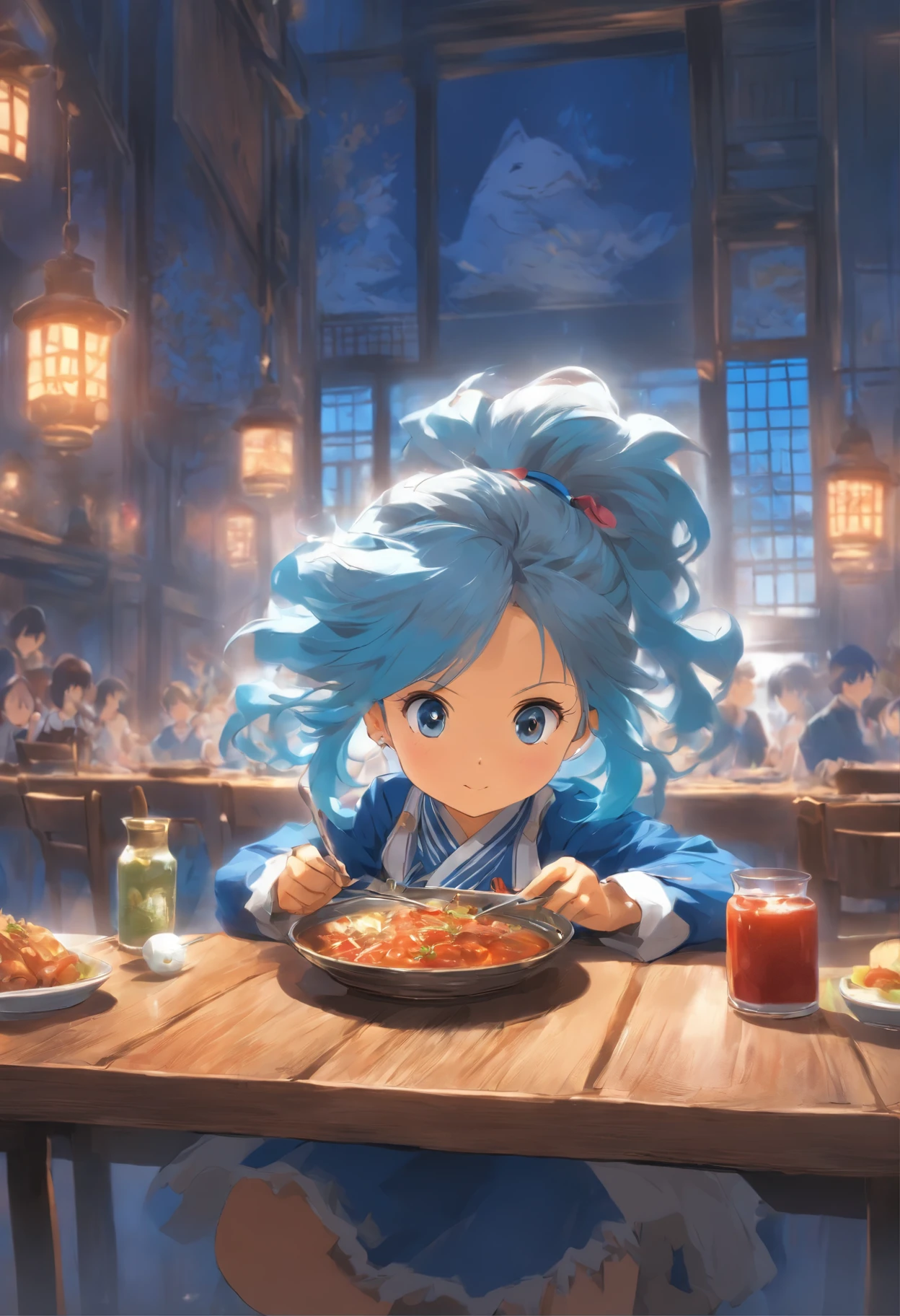 A 5--old l sitting, There is a Western-style meal on the table,The restaurant is blue and white series,