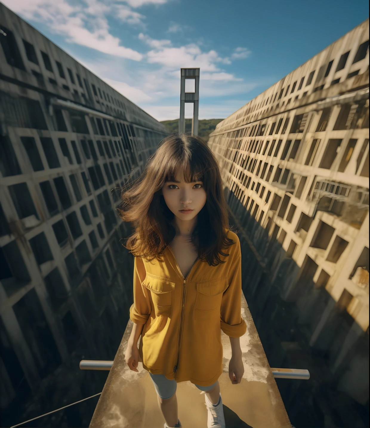 arafed woman standing on a ledge in a large building, wide angle dynamic portrait, surreal portrait photography, wideangle portrait, photography alexey gurylev, wide - angle portrait, from below, shot from below, unsplash contest winning photo, 4 k symmetrical portrait, 4k symmetrical portrait, anime style mixed with fujifilm, unsplash photo contest winner