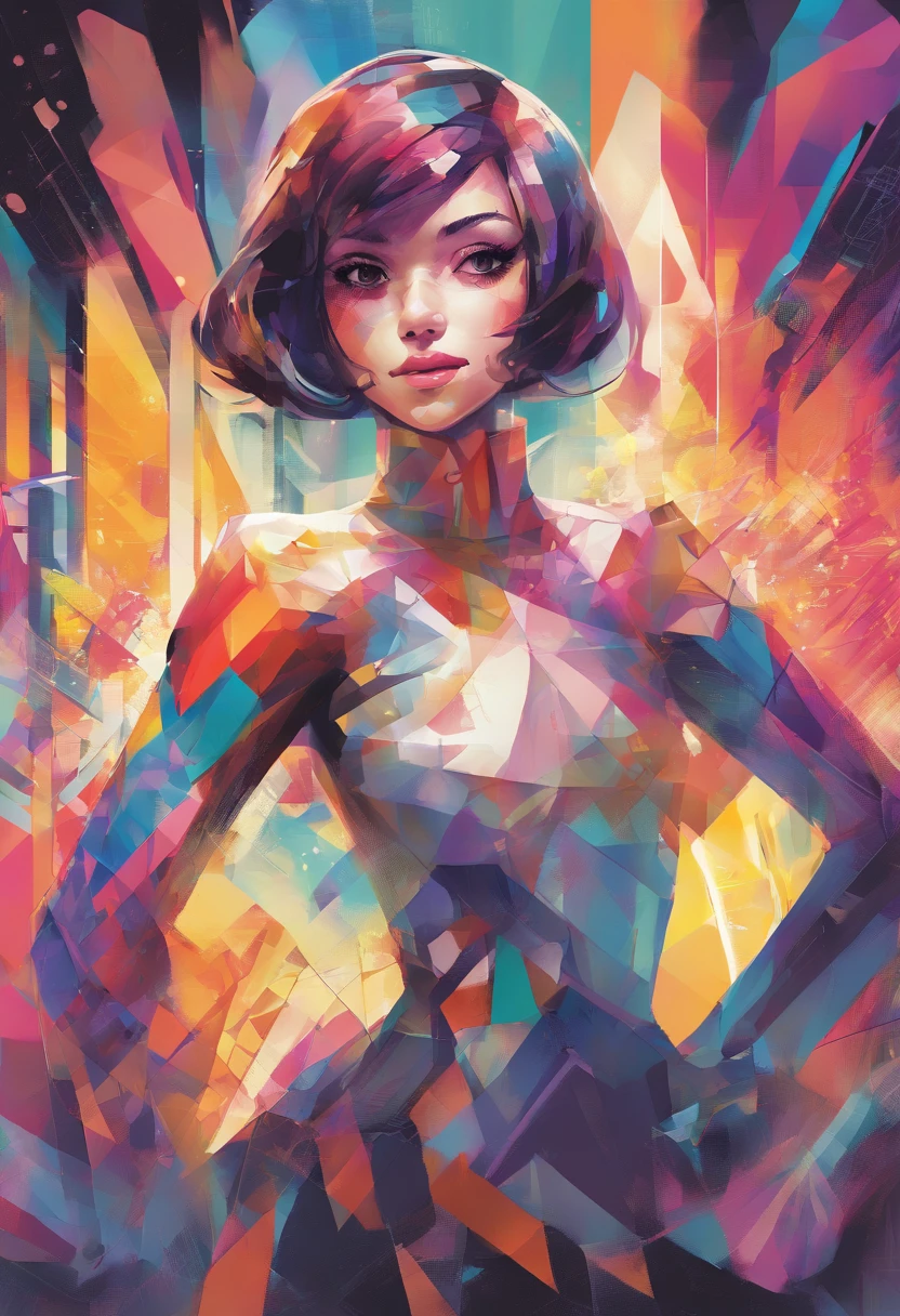 (short hair girl ),(Best posture),(best angle), (Better expression), Eduardo Kobra Acorjo Amento ,Multidimensional geometric wall portrait, Artistically, tchibi,yang08k, big breasts beautiful, coloring