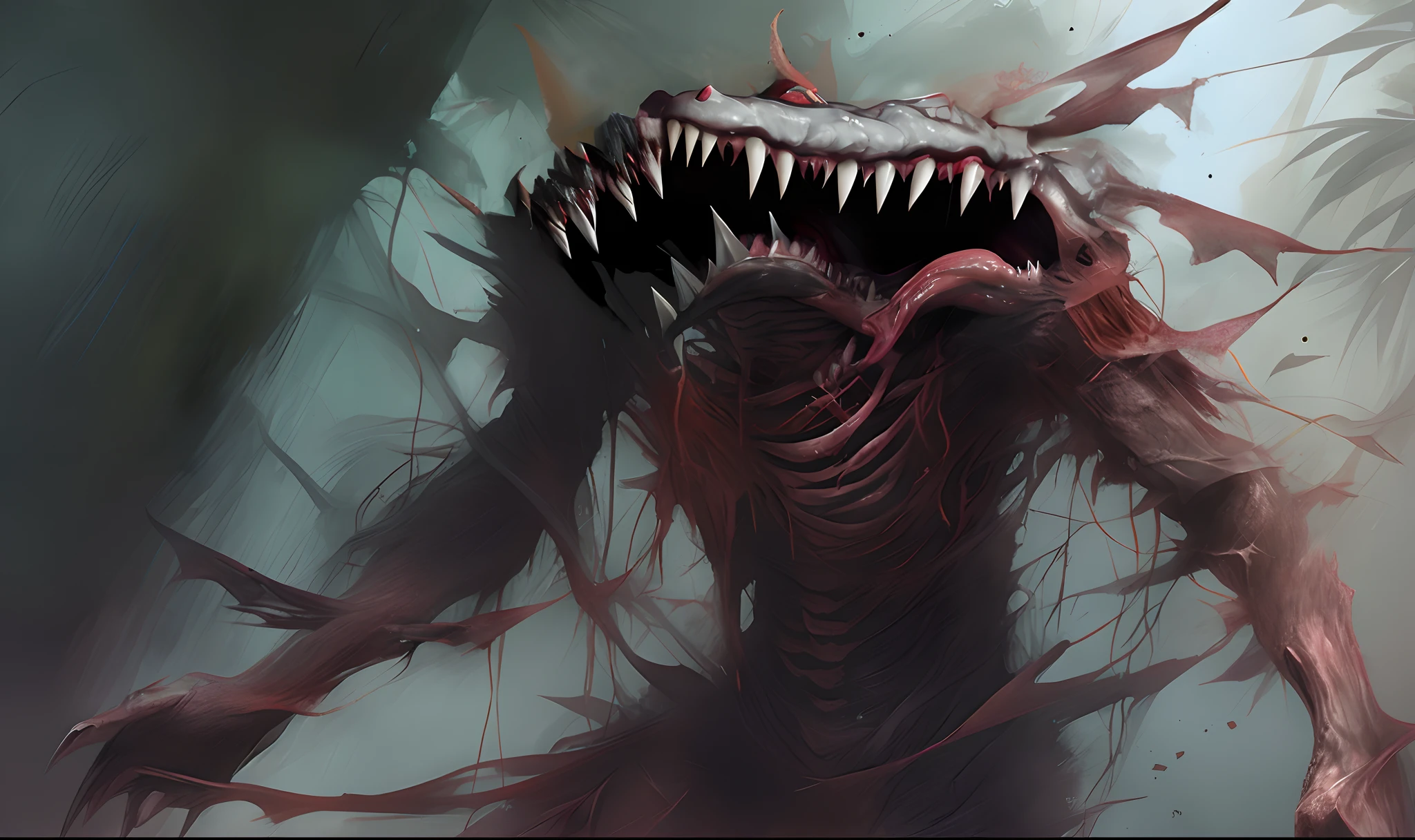 Ethereal monster, gaping maw, green slime, jagged teeth, tentacles. Sharp claws, large red eyes