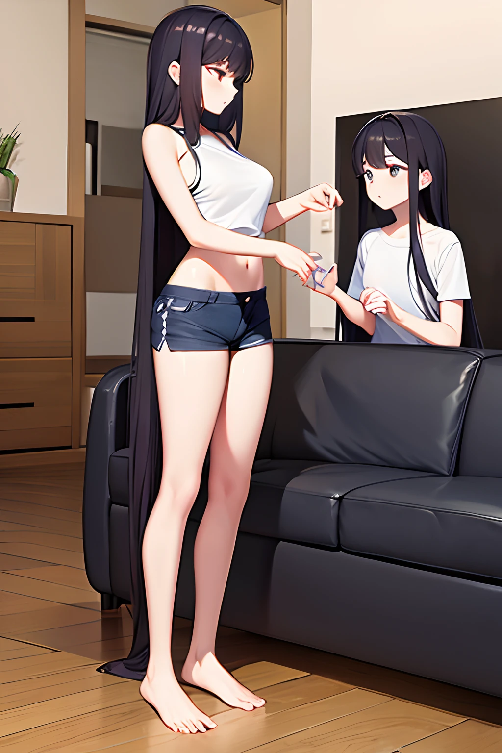 Full body, in the living room, A short super long haired girl is about to have her hair cut by another tall super long haired fit girl. They are both wearing shorts and barefoot