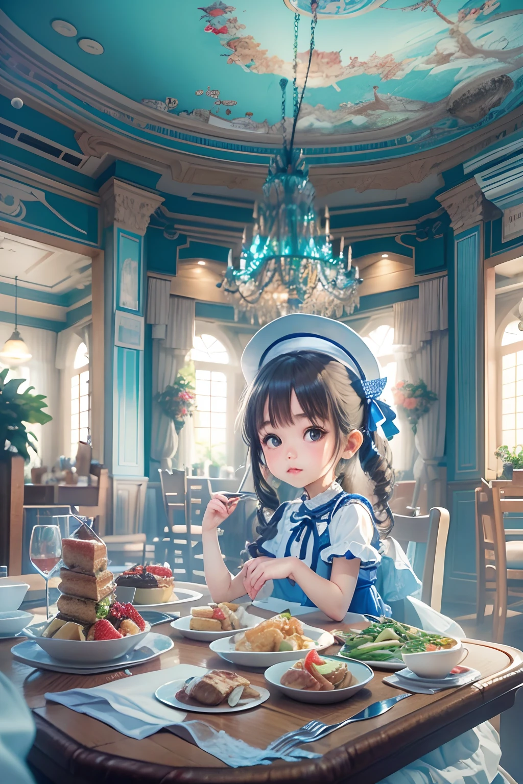 girl, There is a Western-style meal on the table,The restaurant is blue and white series,