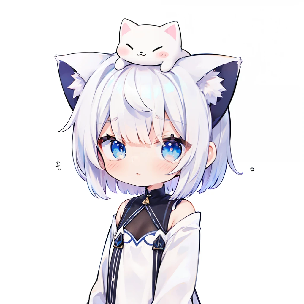 Flat avatar, 1girll, with short white hair,There is a pair of cat ears on the head,with a simple background, full bodyesbian, tchibi, White dress,Blue eyes