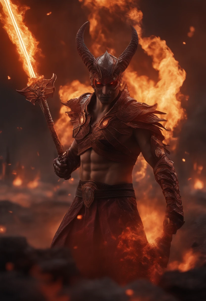 Creates an ultra realistic avatar pricepe from hell taking fire from hands art jiujutsu style with clothes advanced cyborgs with sword in hand infernal man male face based on science fiction quality 8k King Lucifer's Demon City