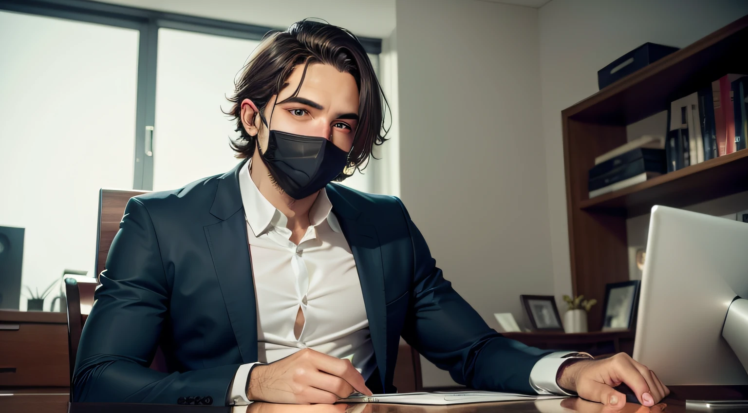 Um homem de 32 anos com terno, with face mask,  sitting straight in his chair in his luxury office, com o rosto reto.