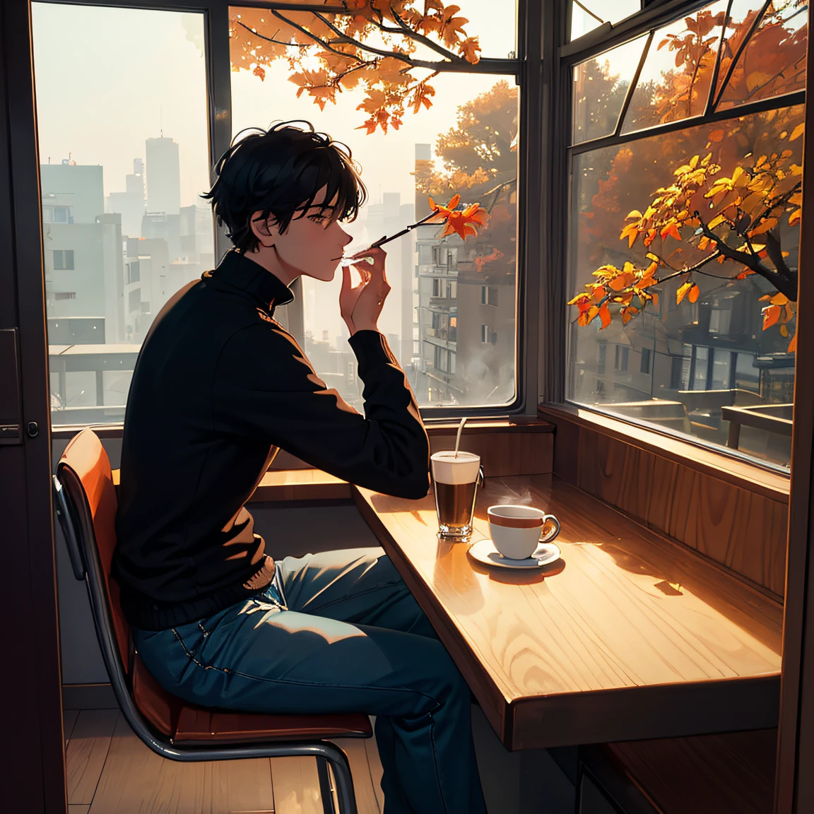 1980s, Inside the café at dusk, 20-year-old boy sitting in a seat, Long sleeve sweater, Looking out the window, (posterior view), Cold season with fluttering dead leaves, Coffee, Cigarette smoke, back-view