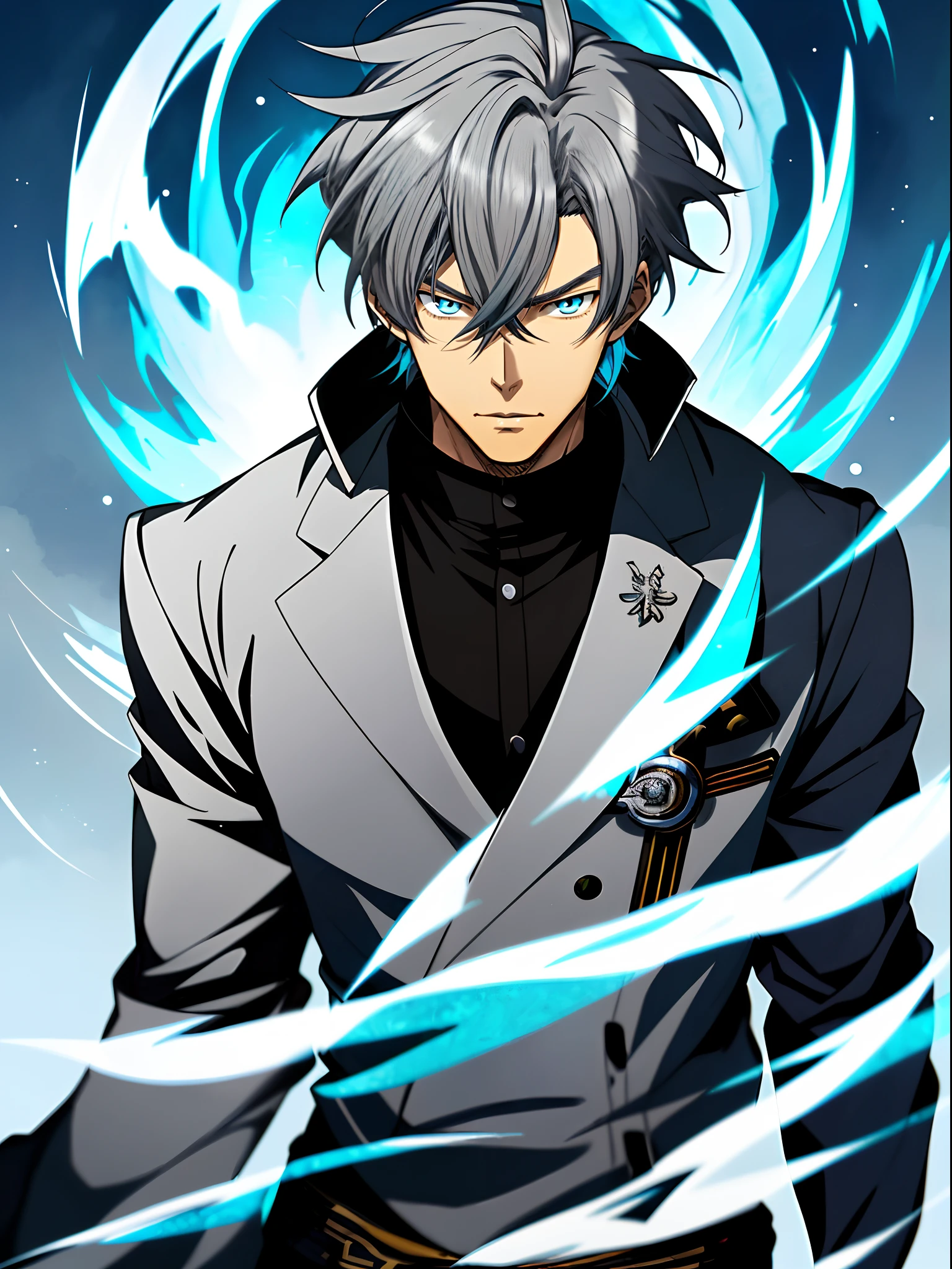 An anime image of a man with silver-gray hair wearing a black jacket and blue flame,blue color eyes, Shinkai sincerely, New Xiangcheng, Honest, ryuta ueda artwork, offcial art, Anime handsome man,