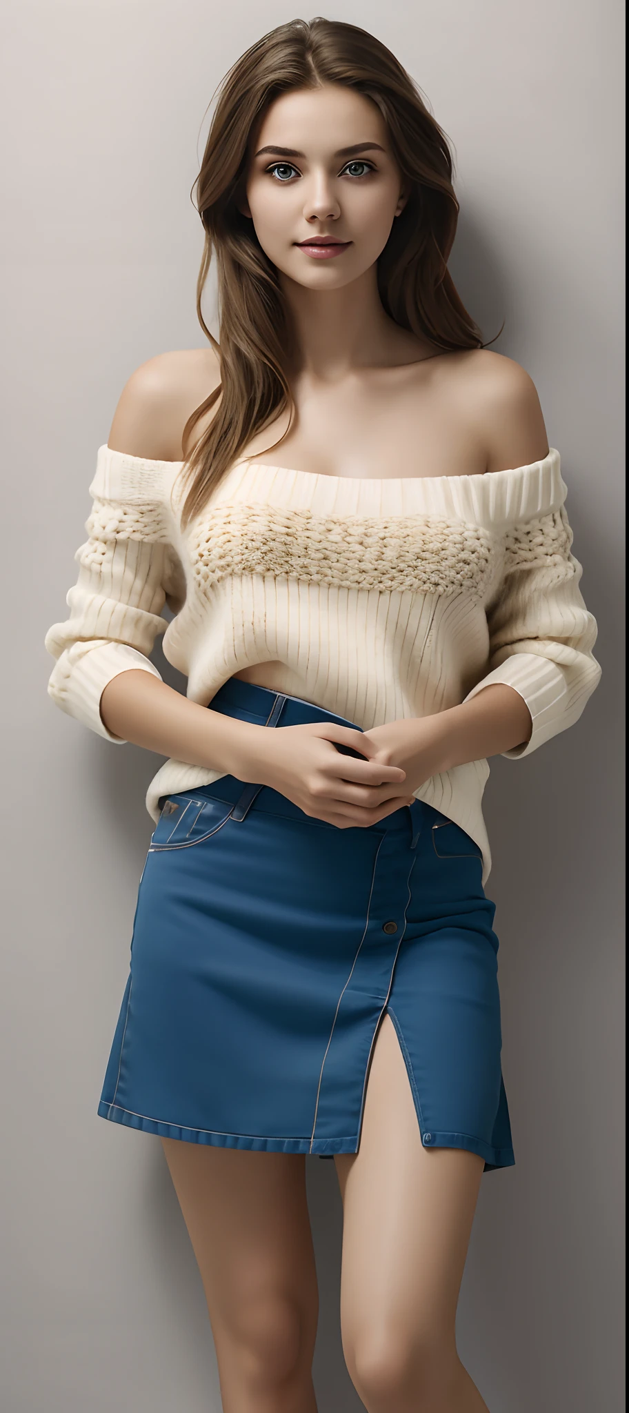 RAW Photography, (((Very beautiful portrait))), 1girl in, 19, 独奏, Long hair, Looking at Viewer, Sweaters, a miniskirt, Bare shoulders, Mysterious Eyes, blue eyess, smil, off shoulders, Realistic, A sexy, ((masterpiece)), ((intricate detailes)), Bounce Lighting, Bright photography studio, perfect hand