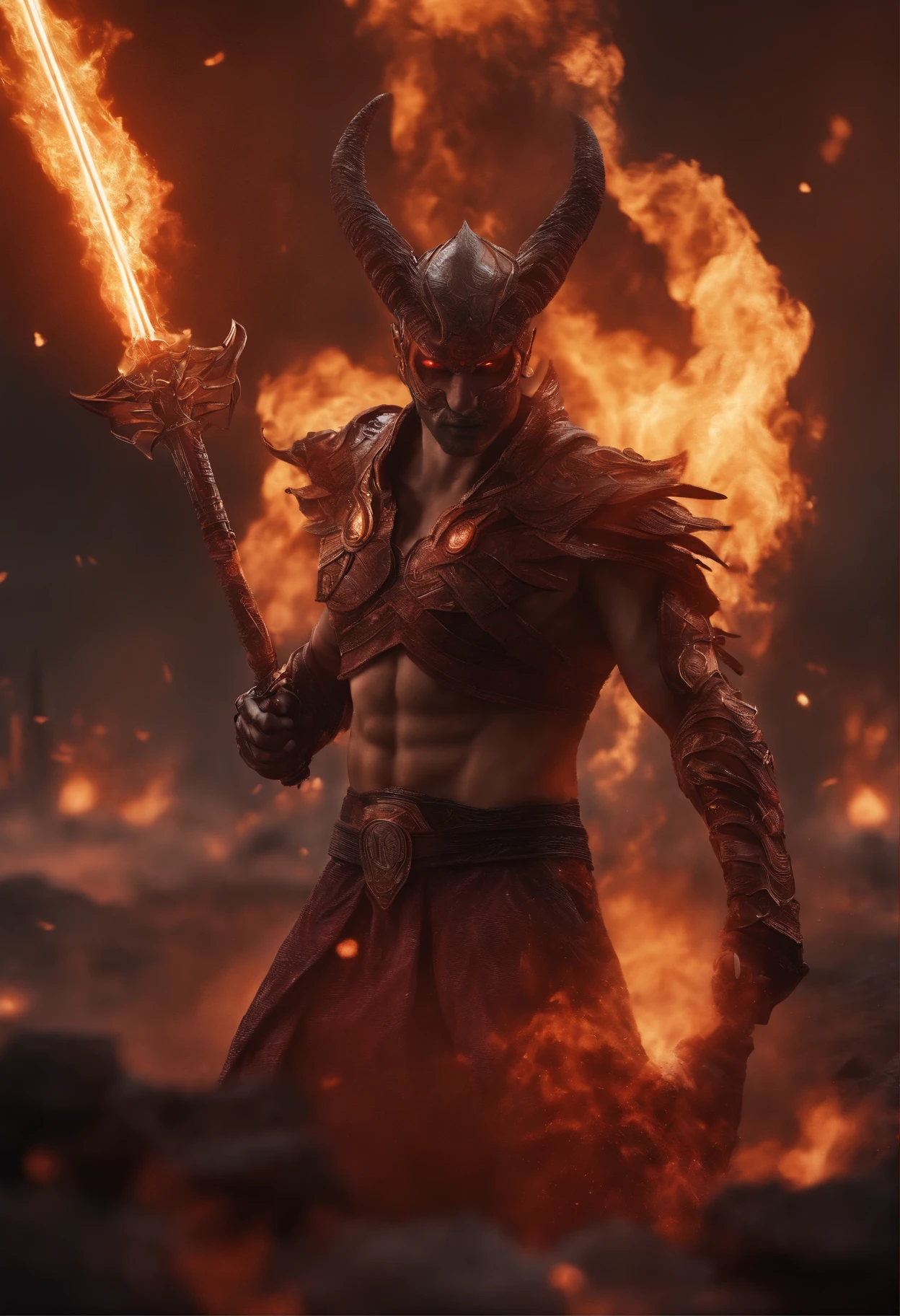 Creates an ultra realistic avatar pricepe from hell taking fire from hands art jiujutsu style with clothes advanced cyborgs with sword in hand infernal man male face based on science fiction quality 8k King Lucifer's Demon City