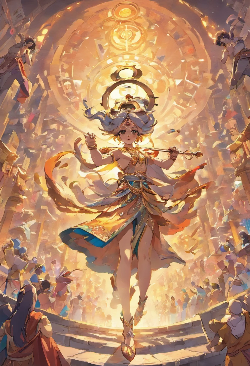 Provide me an image of lord Krishna with Arjuna in kurukshetra with horse and krishna as chaitor with an huge crowd