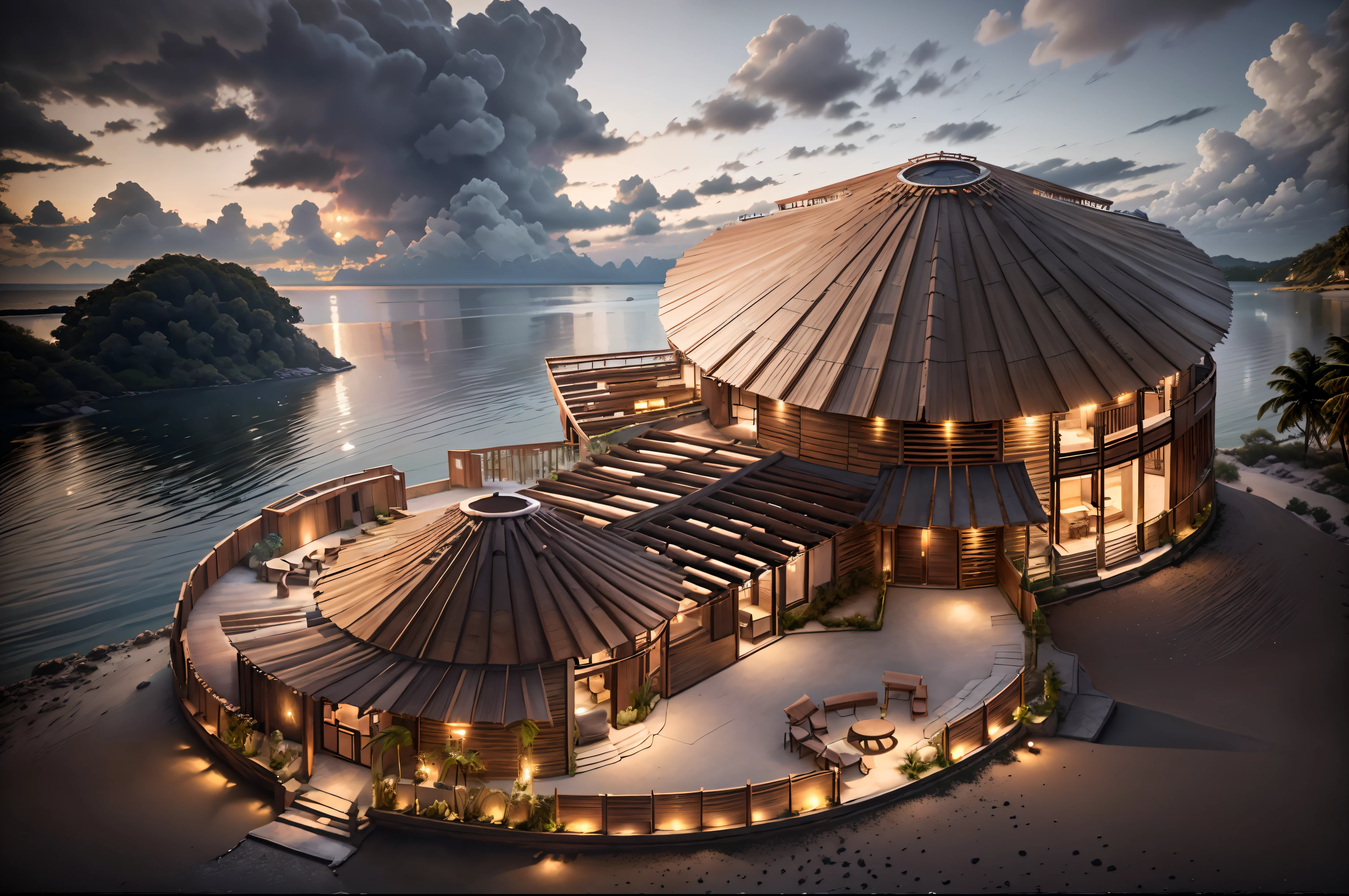 Boho house, luxury beach front Caribbean luxury villa, glass open space loft villa with straw roof garden, modern, dynamic (RAW photo, real, best quality, masterpiece:1.2), (hyper realistic, photo-realistic:1.2), high quality, (dark lighting:1.2), perfect lighting, archdaily, architecture digest award wining sustainable architecture, cinematic
