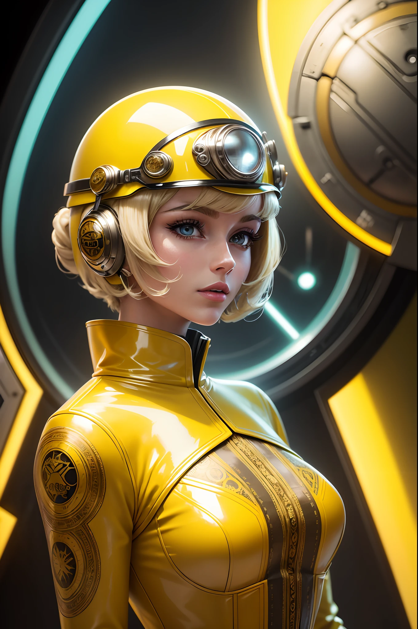 Prompt: 60's scifi style, intricate blond woman 25 year old 60's haircut wearing an intricate latex avocado coat an intricate sureal yellow translucent plastic helmet with small tv antennas, intricate exuberant 60’s yellow and avocado style tapestry background, ultra detailed, ultra realist,8k`
