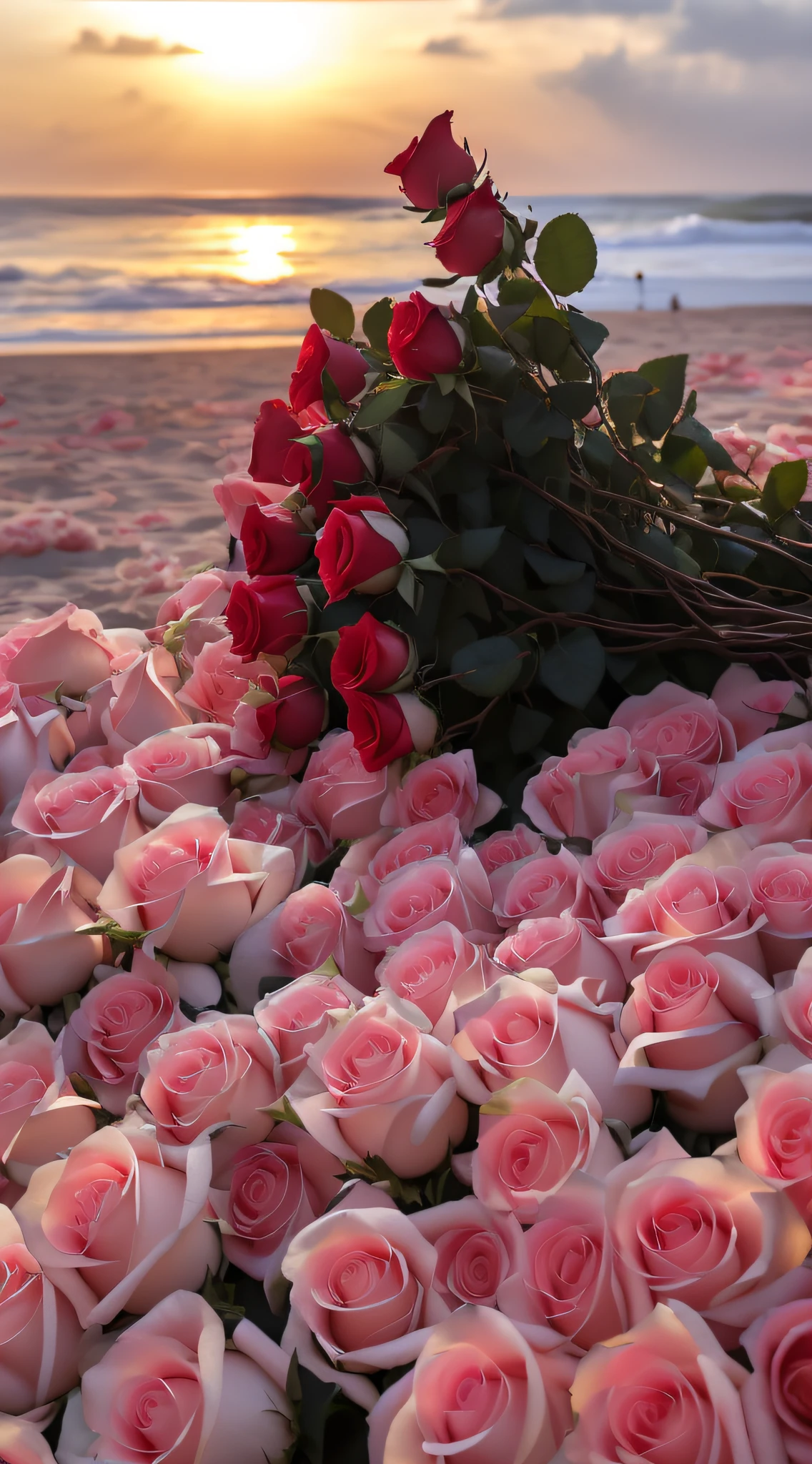 Roses line the beach,The background is sunset, rosses, laying on roses, roses in cinematic light, rosette, a few roses, rose background, beautiful morning, alexey egorov, At sunrise, Flower beds on the floor, with soft pink colors, goodnight, more and more flowers, In the evening, aleksander rostov