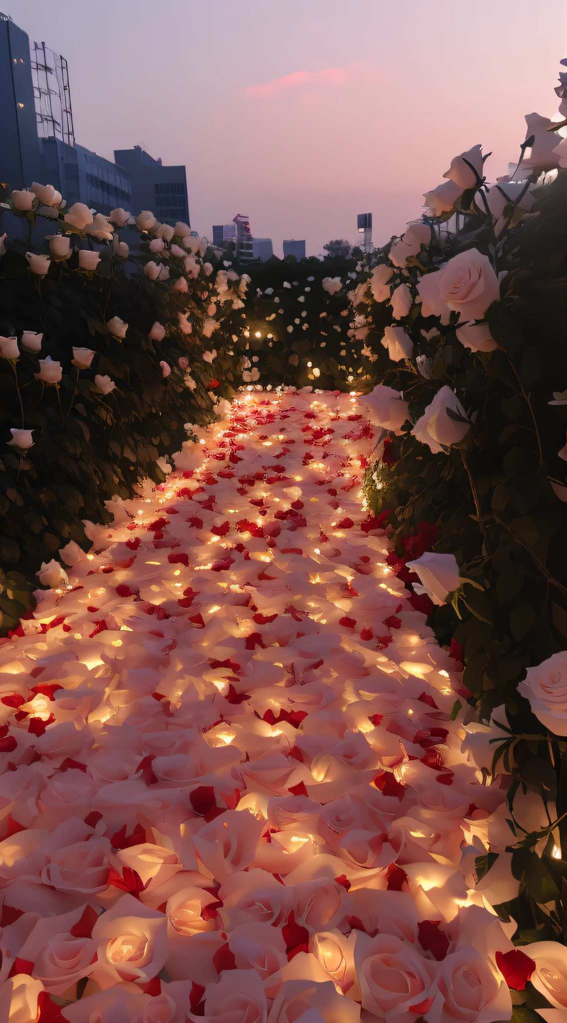 There are many white roses and red roses on the ground, Flower beds on the floor, romantic motifs, Large rose petals, portal made of roses, with petals falling, field of flowers at night, rose petals, Large rose petals, Glowing flowers, blossoming path to heaven, dreamy and romantic, rose pink lighting, lights with bloom, Everywhere petals are falling