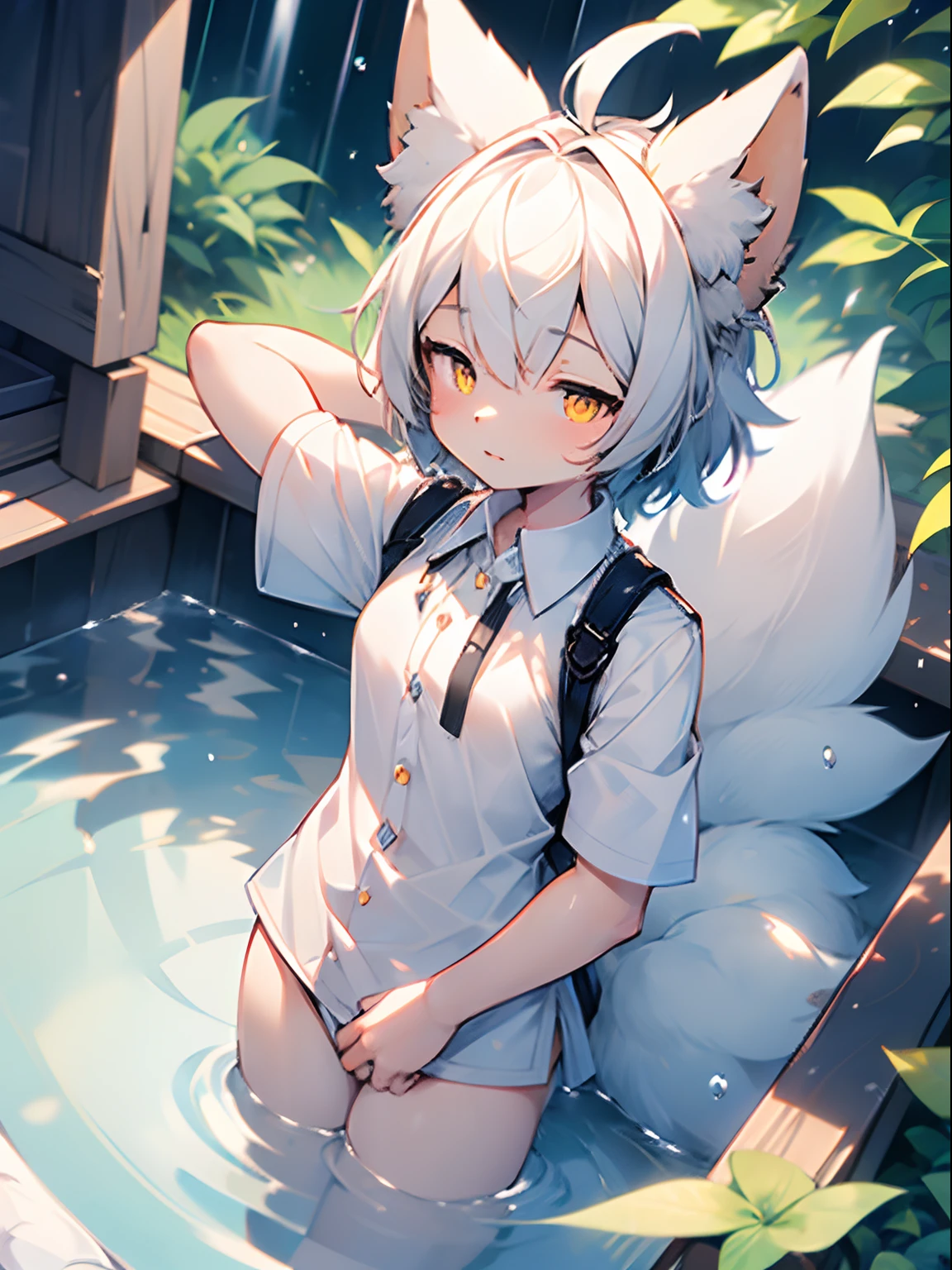 (Best Quality, high resolucion, Ultra-detailed:1.2), Cute fluffy teen, White long shirt, White and yellow body, Orange Eyes, B Cup Breasts, collared, White fur, fluffy fur, Animal ears, Animal tails, No bottom, No underwear, adorable face, raining, Wet shirt, hot spring,