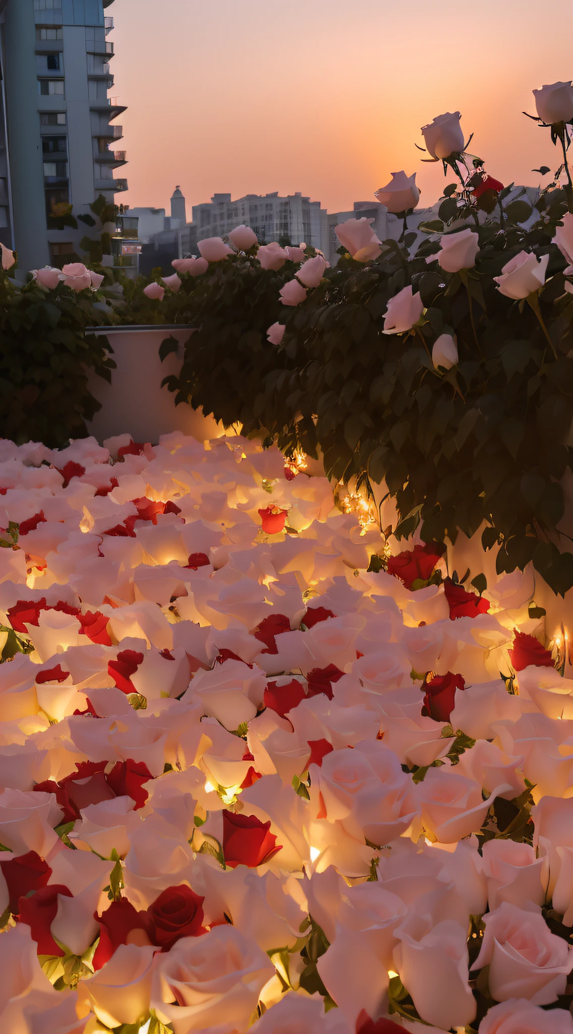 There are many white and red roses on the light bed, Flower beds on the floor, Glowing flowers, romantic motifs, rooftop romantic, Large rose petals, rosette, lights with bloom, In the evening, exploding roses, red roses at the top, rosses, during dawn, rose pink lighting, white and red roses, laying on roses, rose petals
