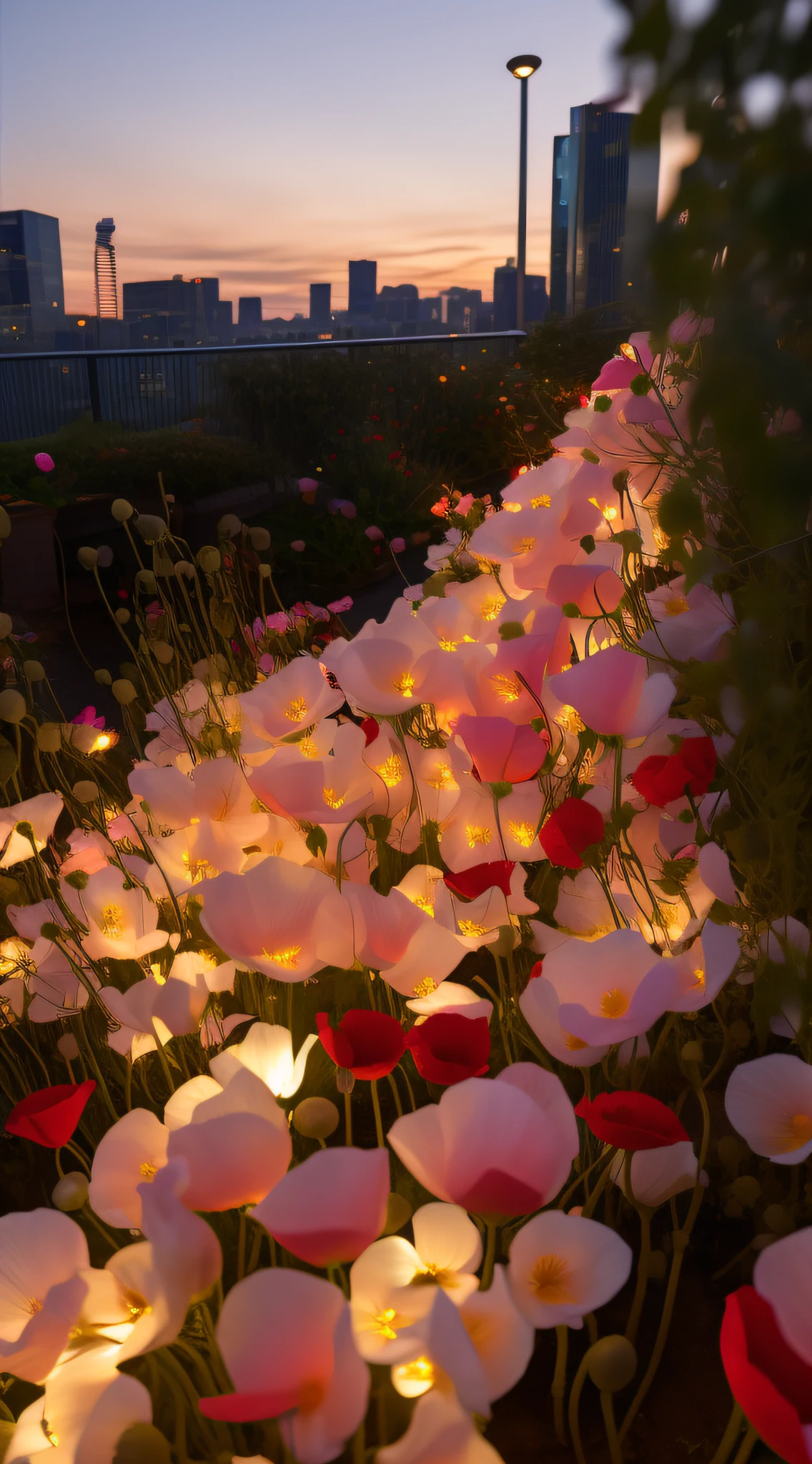 Flowers are lit up at night，The background is the city skyline, field of flowers at night, Glowing flowers, lights with bloom, Luminous flowers, beautiful light up, In the evening, with glowing lights at night, Soft glow, lit up, He's dead，But beautiful. poppies, blossoming path to heaven, beautifully lit, Soft outdoor lighting, Illumination at sunset
