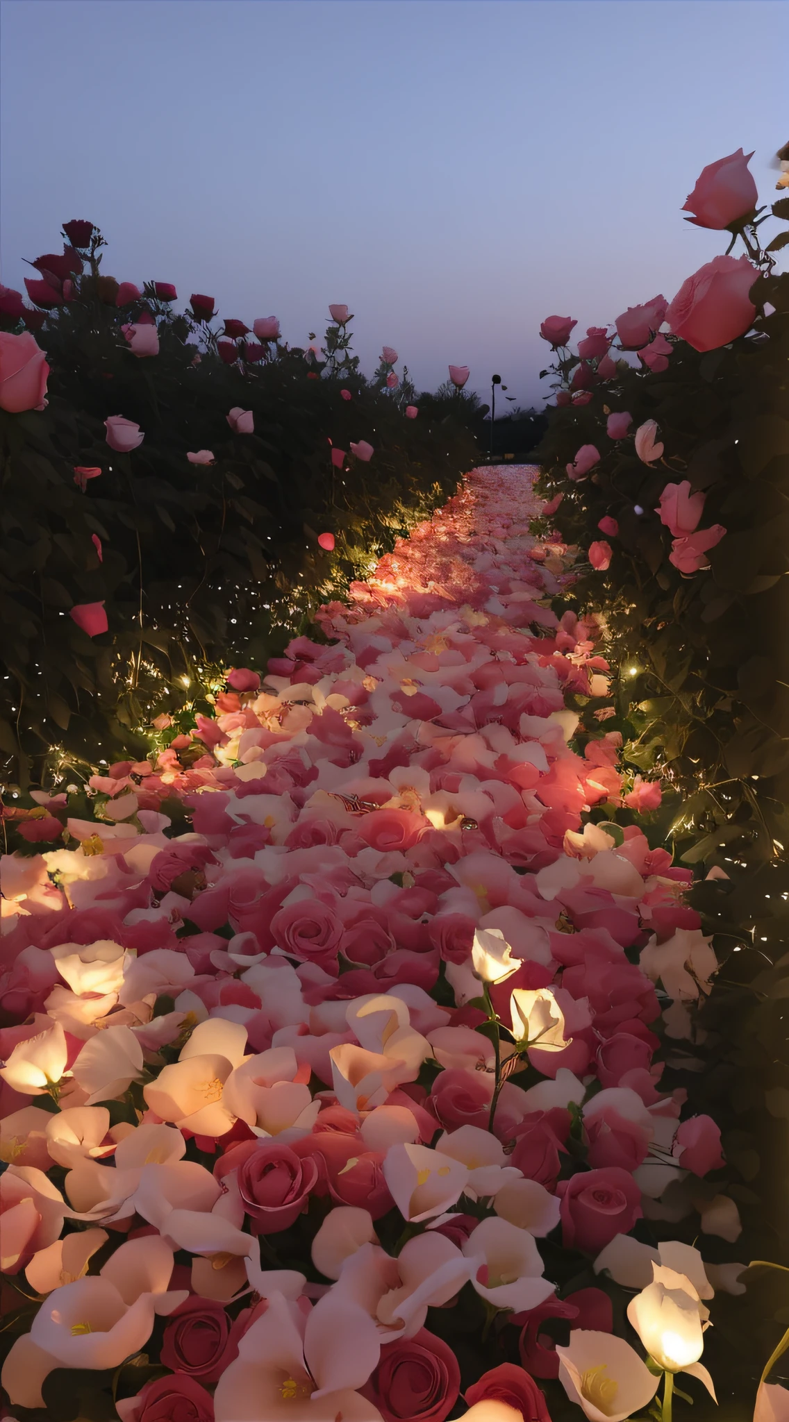 At night, the ground in the garden is littered with flowers, field of flowers at night, romantic motifs, Large rose petals, Flower beds on the floor, rose pink lighting, portal made of roses, Large rose petals, Glowing flowers, Romantic, Romantic atmosphere, blossoming path to heaven, lights with bloom, dreamy and romantic, exploding roses, walking down, beautiful light up