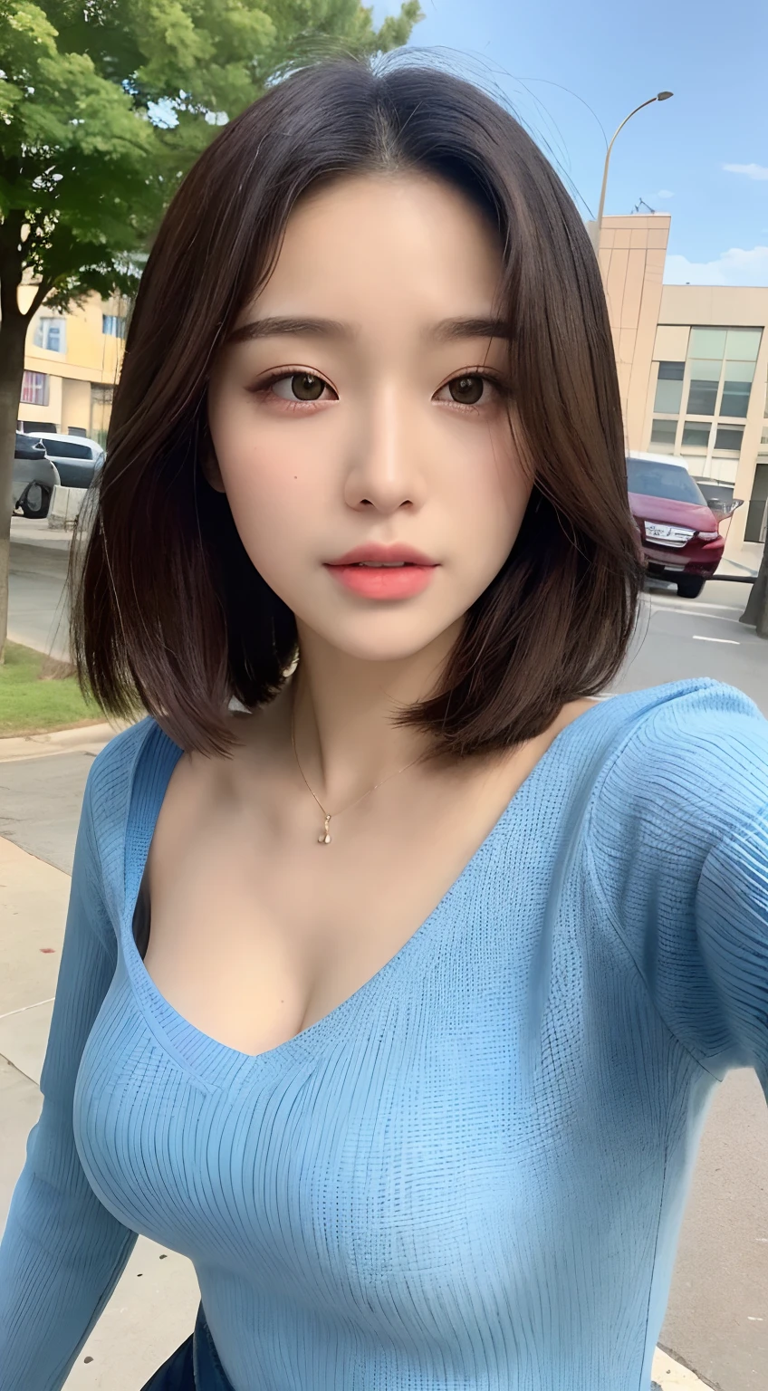 ((Best picture quality, 8K, tmasterpiece:1.3)), 1girll, Beautiful woman with slender abs:1.3, (Casual hairstyle, No leakage of big breasts:1.1), V-neck sweater, Casual wear，Ultra-fine face, A detailed eye, 二重まぶた，ssmile，street，adolable，parted lip，Korean girls，a 