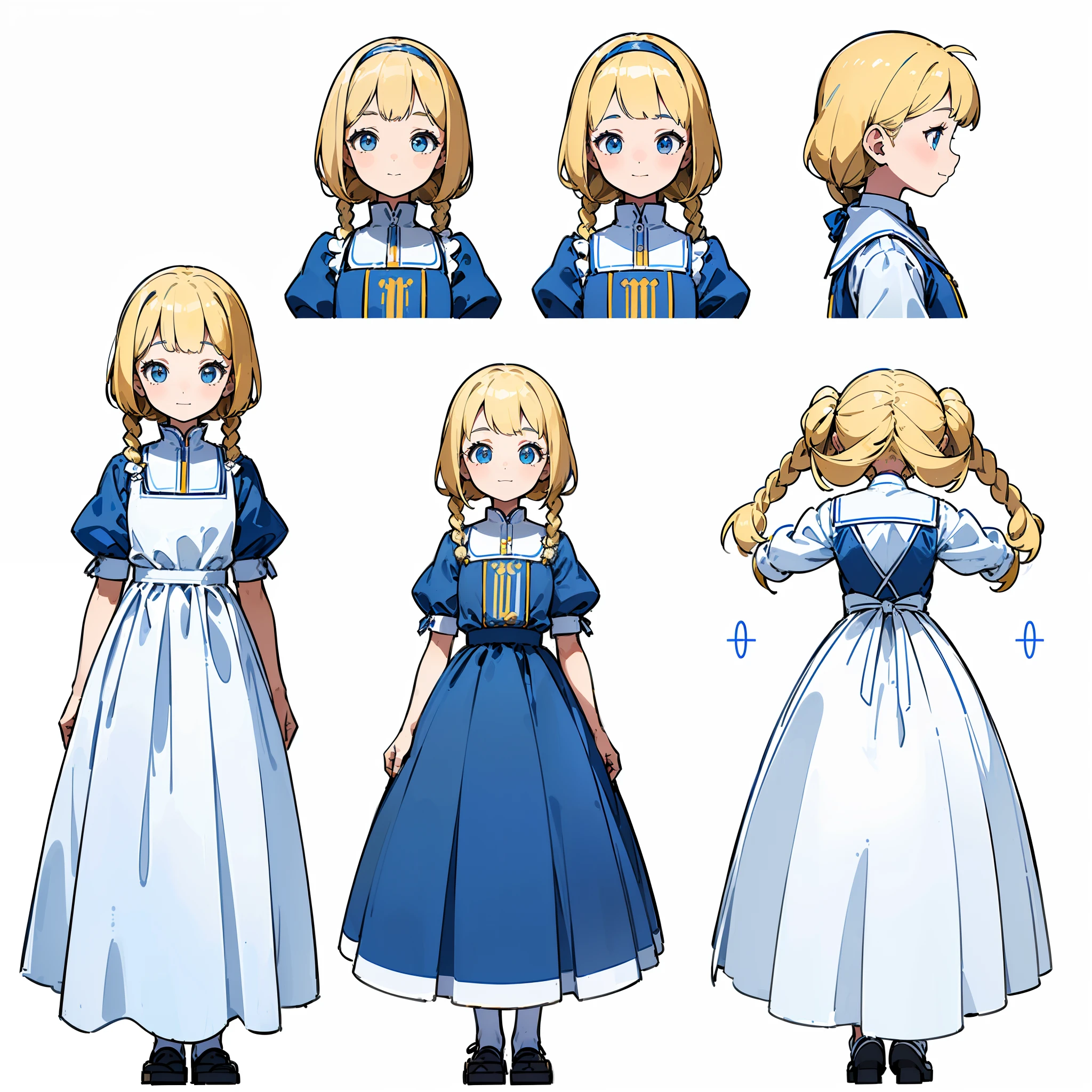 ((Best quality)), ((Masterpiece)),12year old, Yellow-haired girl, With two simple braids, Cheerful smiley face (Cute girl), ((( Vintage blue and white dress)))((Simple and neat skirt)) (((Detailed character table, Whole body diagram,Frontal view, Side view, Back picture,Various expressions,three fourths view))) (((White background))) 6 halves of the whole body