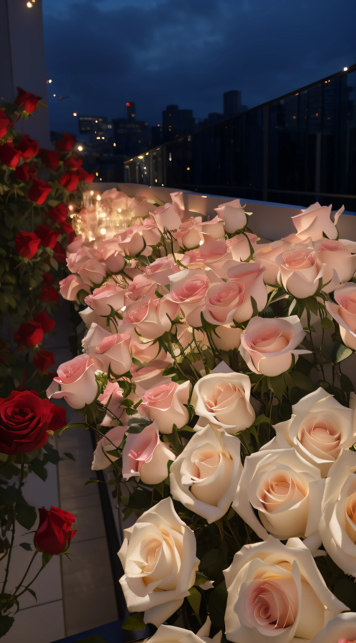 There were lots of roses in the vase on the balcony, roses in cinematic light, rosette, white and red roses, rosses, a few roses, In the evening, red roses at the top, shot with sony alpha 1 camera, more and more flowers, beutifull, laying on roses, Beautiful and aesthetic, Beautiful flowers, taken with sony alpha 9