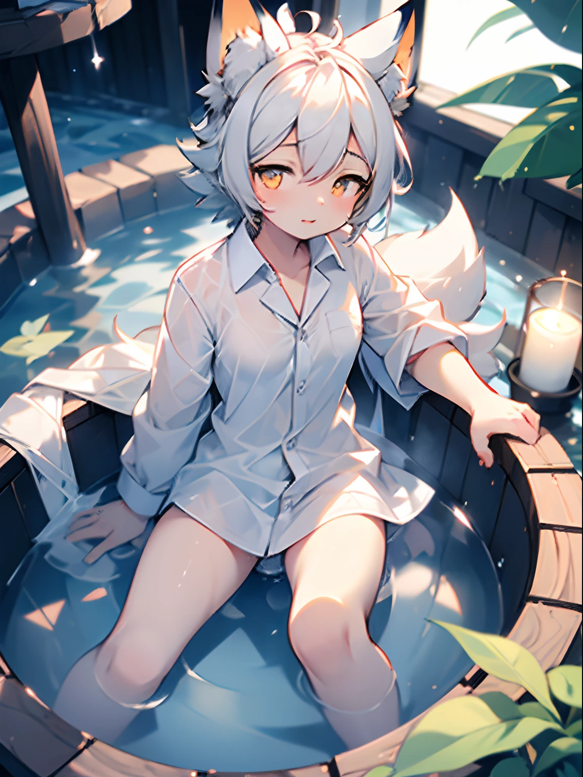 (Best Quality, high resolucion, Ultra-detailed:1.2), e fluffy teehite long shirt, White and yellow body, Orange Eyes, B Cup Breasts, collared, White fur, fluffy fur, Animal ears, Animal tails, No bottom, No underwear, adorable face, raining, Wet shirt, hot spring,