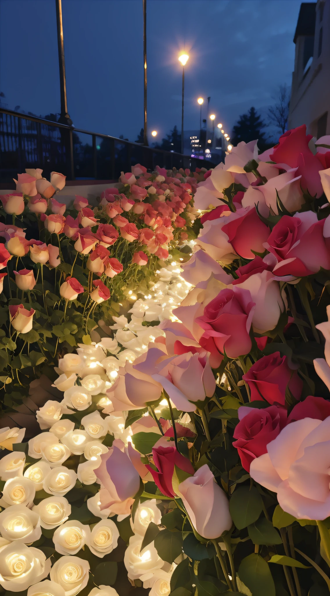 Flowers are lit up row by row on the sidewalk, romantic motifs, Romantic atmosphere, photo taken at night, field of flowers at night, beautiful ambiance, roses in cinematic light, Beautiful image, 8K)), At night, beautiful ambiance, Romantic, beautiful light up, rose pink lighting, beutifull, Romantic!!!, lights with bloom, rosette