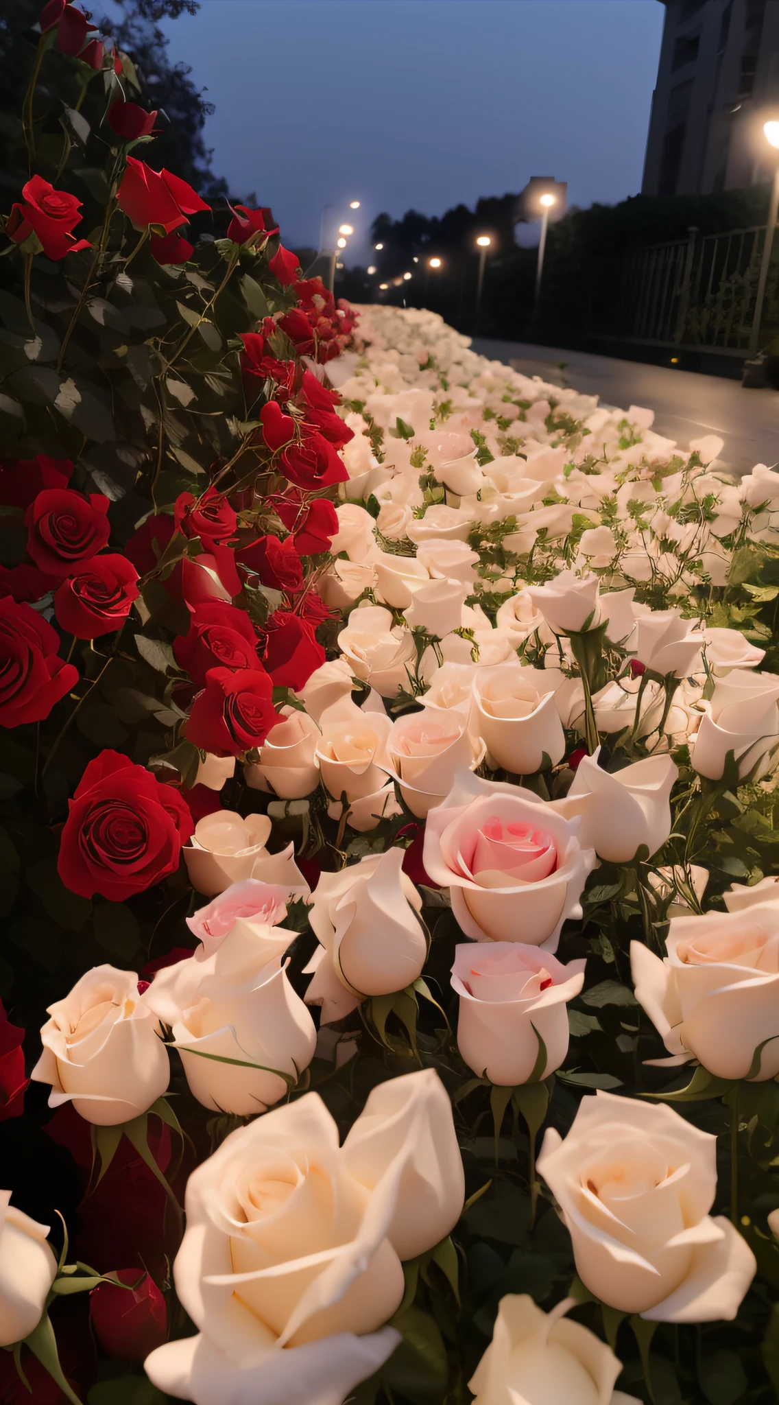There are many white and red roses in the field, white and red roses, laying on roses, rosette, roses in cinematic light, rosses, Rose garden, a few roses, more and more flowers, red and white flowers, In the evening, rose background, red roses at the top, taken on iphone 1 3 pro, flowers in the background