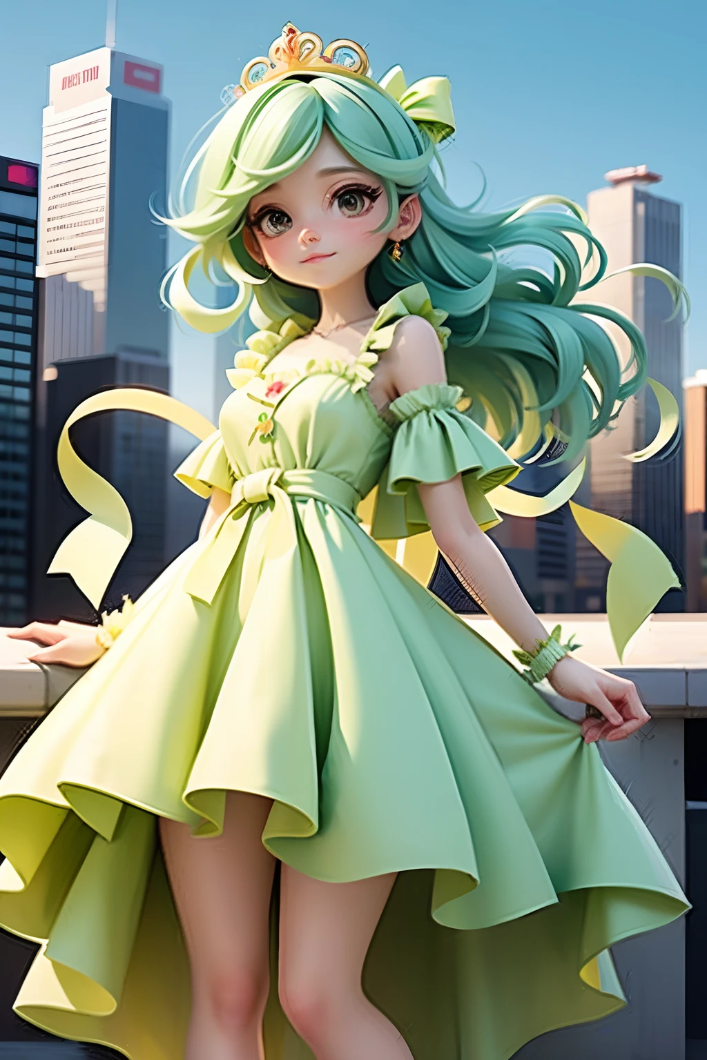 girl in princess long lime green dress
, cute ribbons, city background