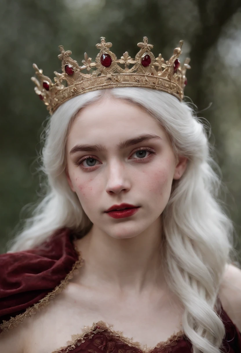 A young Victorian girl, (((a deep reddish wound crosses her left cheek))) fair complexion, woman around 19 years old, white hair, stand with her crown looking at viewer