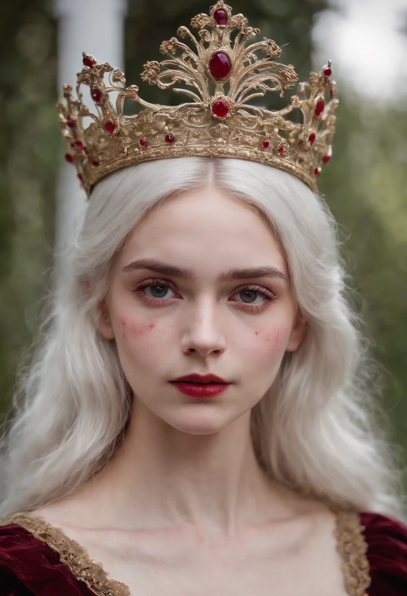 A young Victorian girl, (((a deep reddish wound crosses her left cheek))) fair complexion, woman around 19 years old, white hair, stand with her crown looking at viewer