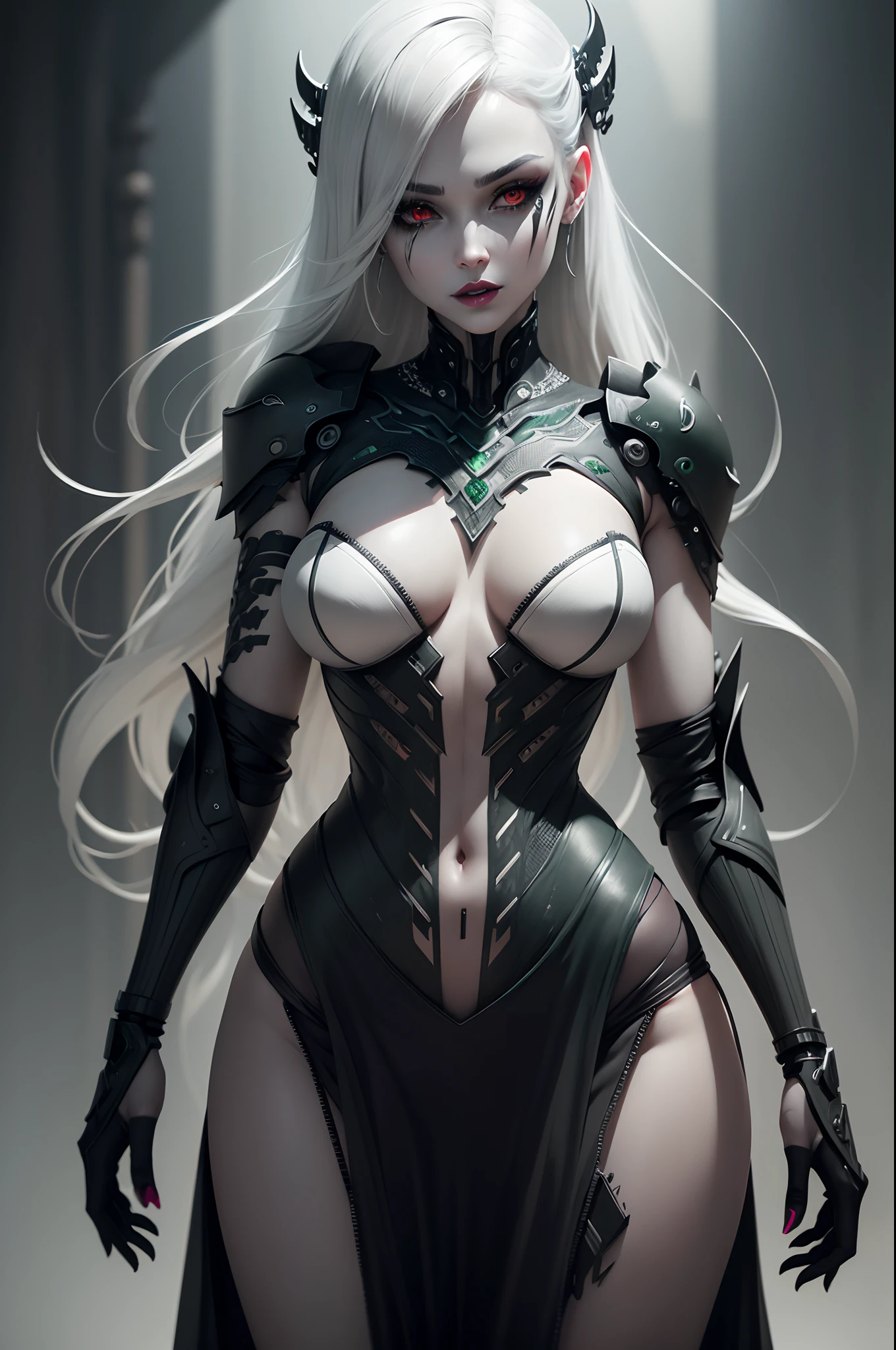 intricate monochromatic white skin woman dark green lipstick dark green black and gray eyes makeup red eyes several intricate biomechanical cyborg matte black and matte gray implants on her face and body, light gray background, ultra detailed, ultra realist, 8k