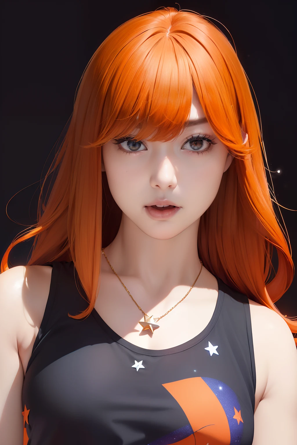 (((Have a big mouth open)))、Images that fit the entire upper body、(((Black background)))、an oil painting、(((Sad face)))、masterpiece、top-quality、(((Stars appear overhead)))、hight resolution、(((Orange Medium Hair)))、(((Orange semi-long hair)))、bustshot、Have cleavage、Loose and fluffy perm、(((rotTThe shirt)))、(((Sleeveless red shirt)))、(((Open neck shirt)))、(((Galaxy print on shirt)))、(((On the chest of the clothes is depicted the universe)))、Star-shaped necklace、(((Raise your palm)))、I have a necklace in the shape of a star、(((I'm surprised)))