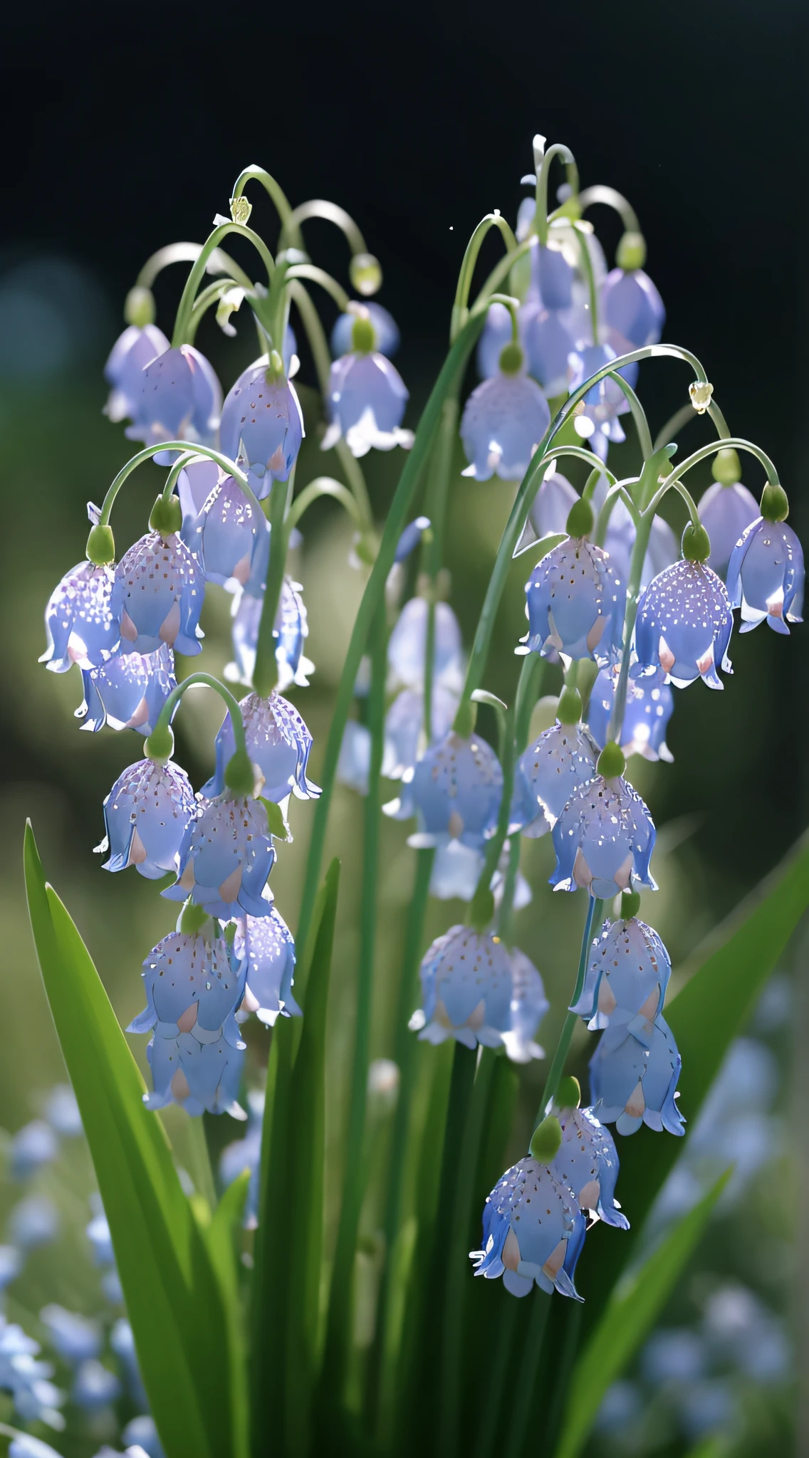 There is a close-up of a bouquet of flowers in the vase, Blue flowers, dripping blue natural iwakura, blue flowers bloomed all over, mediumslateblue flowers, Beautiful image, crown of blue flowers, blue - petals, dew, Magical flowers, grape hyacinth, blue flowers accents, elegant flowers, Dewdrops, Beautiful flowers, flowers blooming
