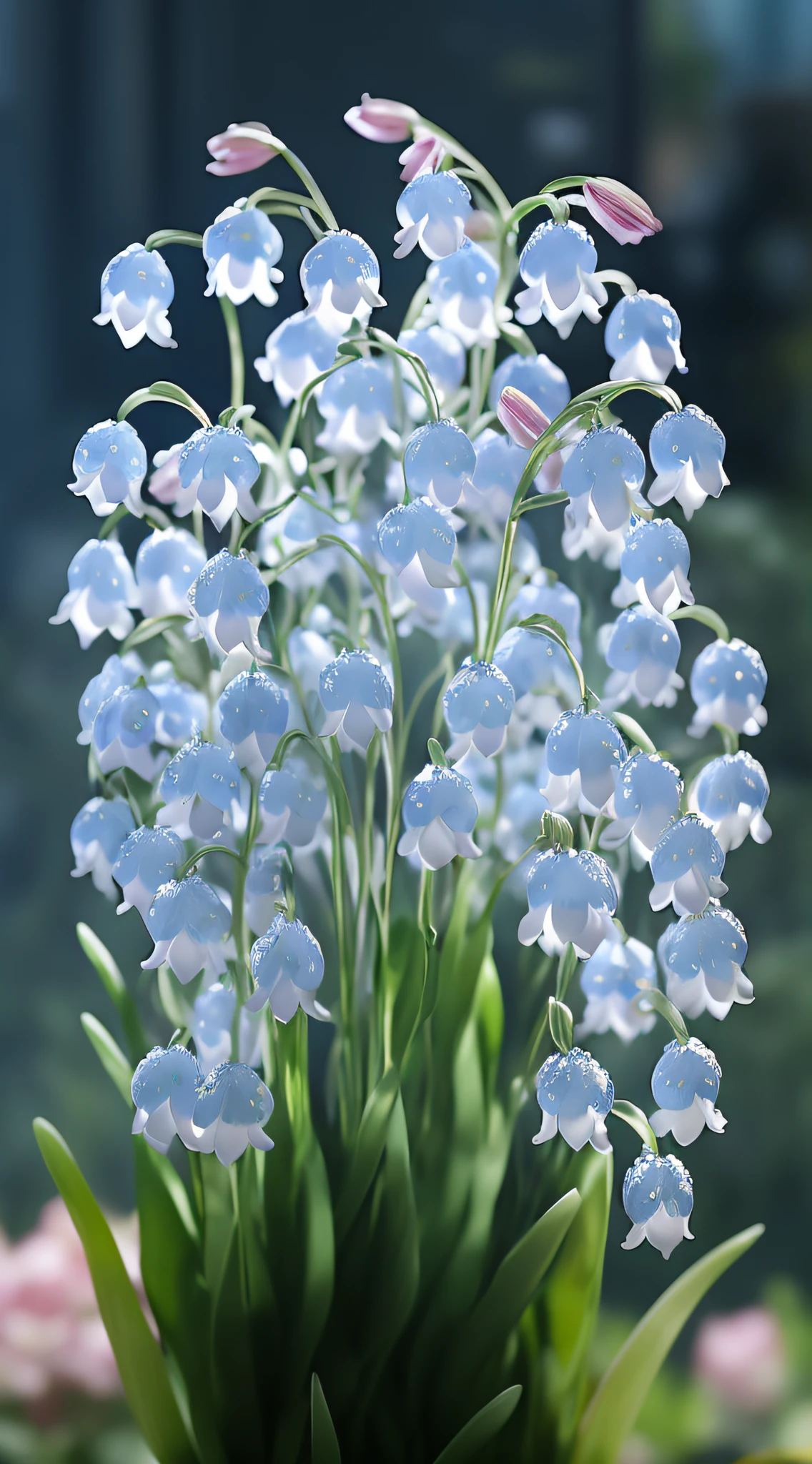 There is a vase，There is a bouquet of flowers inside, the lilies. 8 k'', Blue flowers, blue flowers bloomed all over, Magical flowers, fotorrealista altamente detalhado, natural realistic render, highly rendered, Beautiful flowers, render in blender, rendered with blender, wallpaper hd, photorealistic highly detailed, rendered in arnold, hyper realistic rendering, rendered in povray