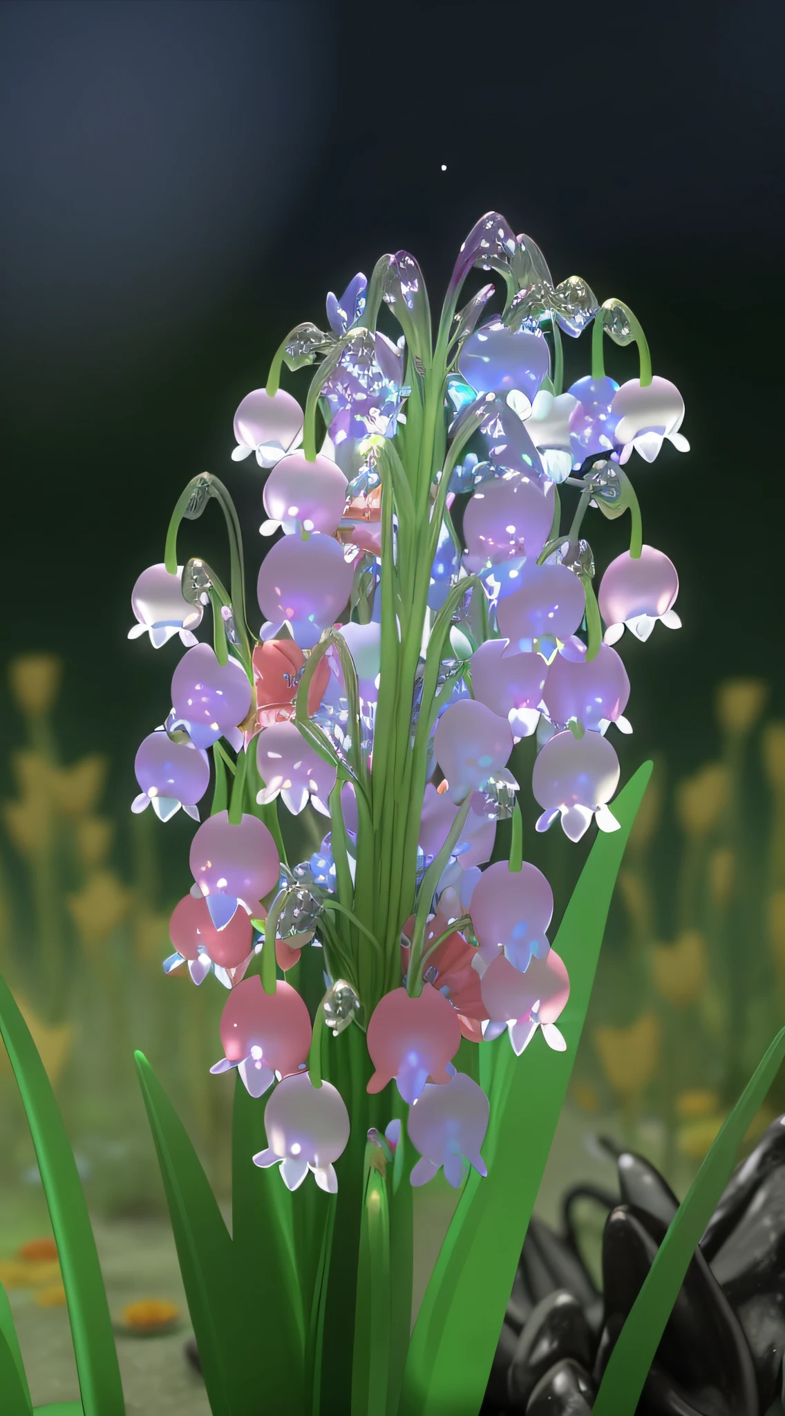 A small flower is growing out of the ground, render in blender, magical colorful flowers, Luminous flowers, Magical flowers, Glowing flowers, glass flowers, rendered with blender, surreal waiizi flowers, glowing delicate flower, Beautiful flowers, natural realistic render, Renders, blender cycles render, the lilies. 8 k'', alien flowers, beautiful flowers, beautiful rendered