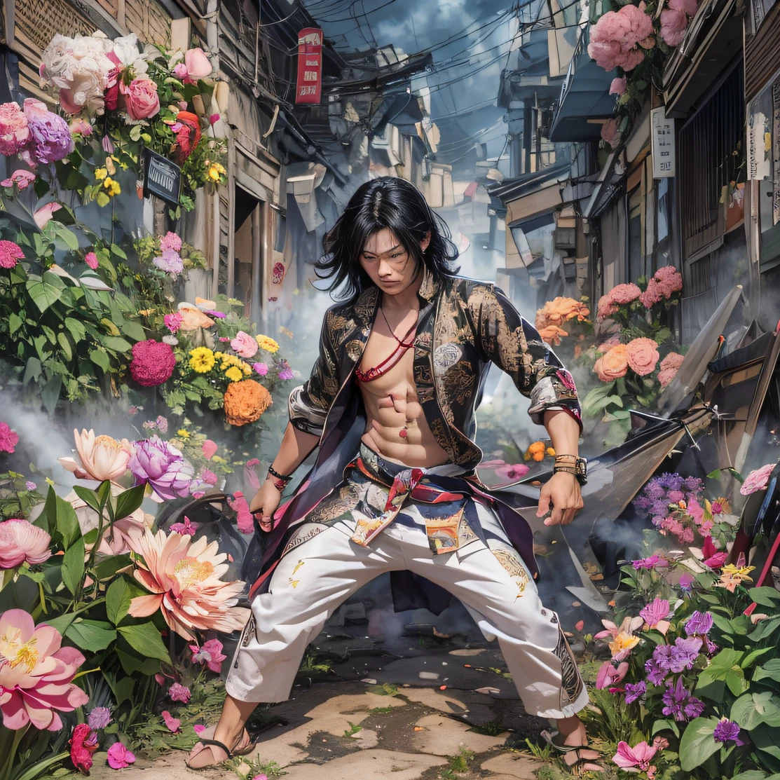 street corner（Armageddon）eyes filled with angry，He clenched his fists，Rush up，Deliver a fatal blow to your opponent，full bodyesbian，Full Body Male Mage 32K（tmasterpiece，Color Ultra HD）Long flowing black hair，Campsite size，zydink， The wounded lined up in the streets（废墟）Climb the streets， The scene of the explosion（废墟）， （Linen batik scarf）， Angry fighting stance， looking at the ground， Batik linen bandana， Chinese python pattern long-sleeved garment， rainbows（Abstract propylene splash：1.2）， Dark clouds lightning background，Flour flies（realisticlying：1.4）Peonies，The national color is fragrant，Specializes in cooking and poetry slurry extraction，No pollution，Good at playing piano and singing。 Orchids are fresh and tasteful