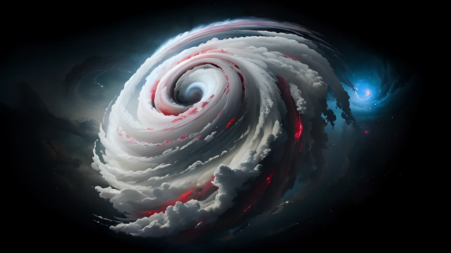 Add more ruby and red spiral arms of cloud bands and clouds to the cyclone, Diese erstrecken sich von der Mitte entlang der bestehenden Spirale und sind im Wirbelsturm sichtbar, realistische darstellung , hight resolution , viele details, Hohe Detailgenauigkeit, im Hintergrund des Zyklons ist nichts zu sehen auser reines schwarz,