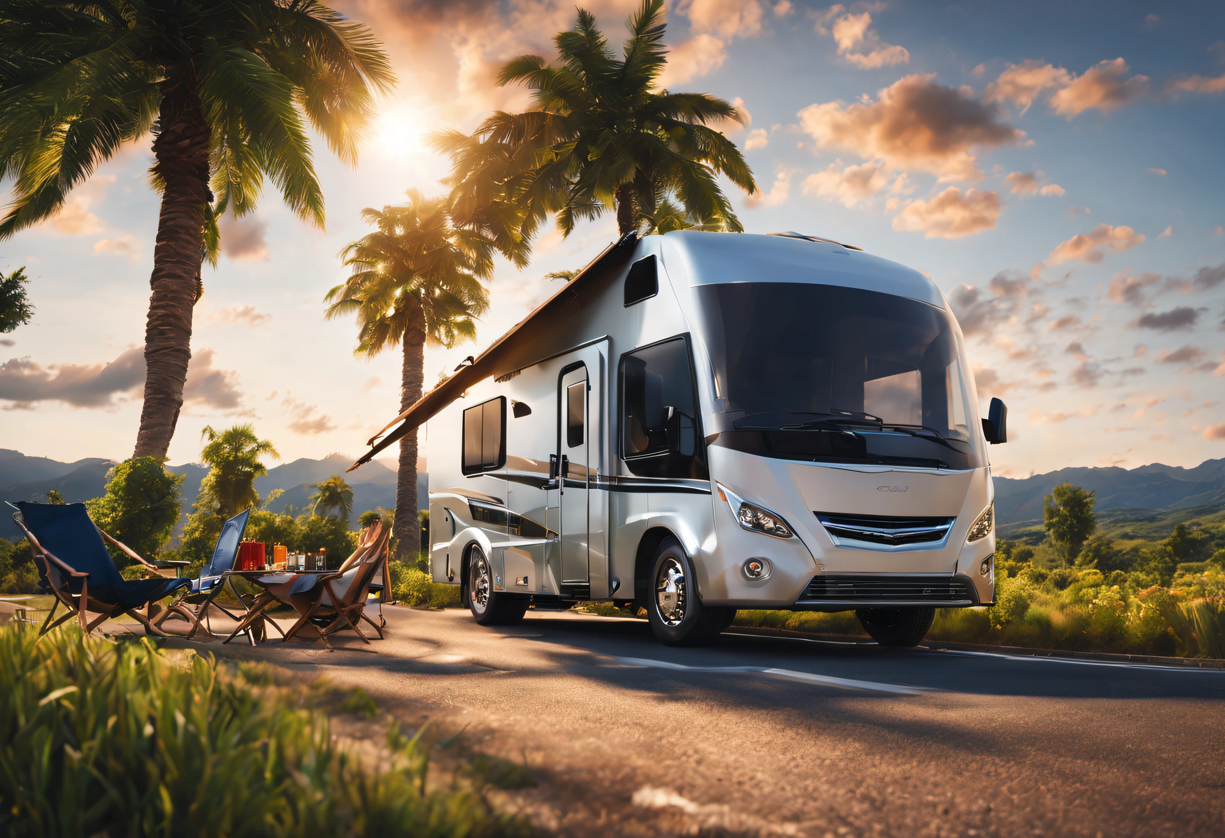 high resolution, masterpiece: 1.2, realistic, ultra-detailed, artistic, 4k, photorealistic, professional, sharp focus, physically based rendering, beautifully composed
Motorhome, luxurious, modern, spacious and comfortable, exterior with elegant design, satellite dish on the roof, large windows, chrome details, wide tires, shiny metallic paint, epic landscape in the background, open road leading to the mountains, the adventure awaits you, family trip, great getaway, quiet camping, roadside jungle, tropical trees, blue sky, lush green grass, barbecue party, cover installed outside the RV, chairs and table scattered everywhere ,smoke coming out of the grill, a family gathering, laughing and enjoying the moment,