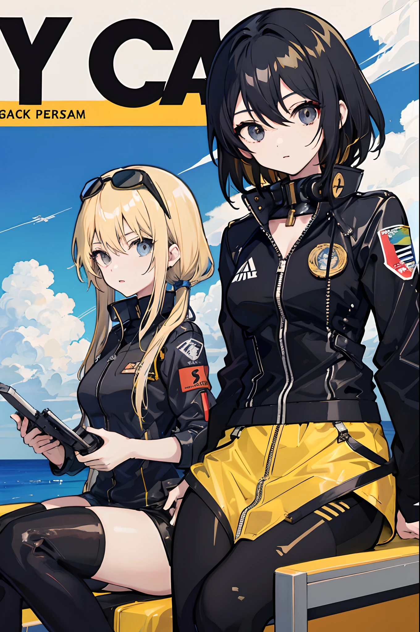 anime girls, 2 girls, black hair, blonde hair,flight suits, aviator sunglasses, in a magazine, fighter pilot uniform.