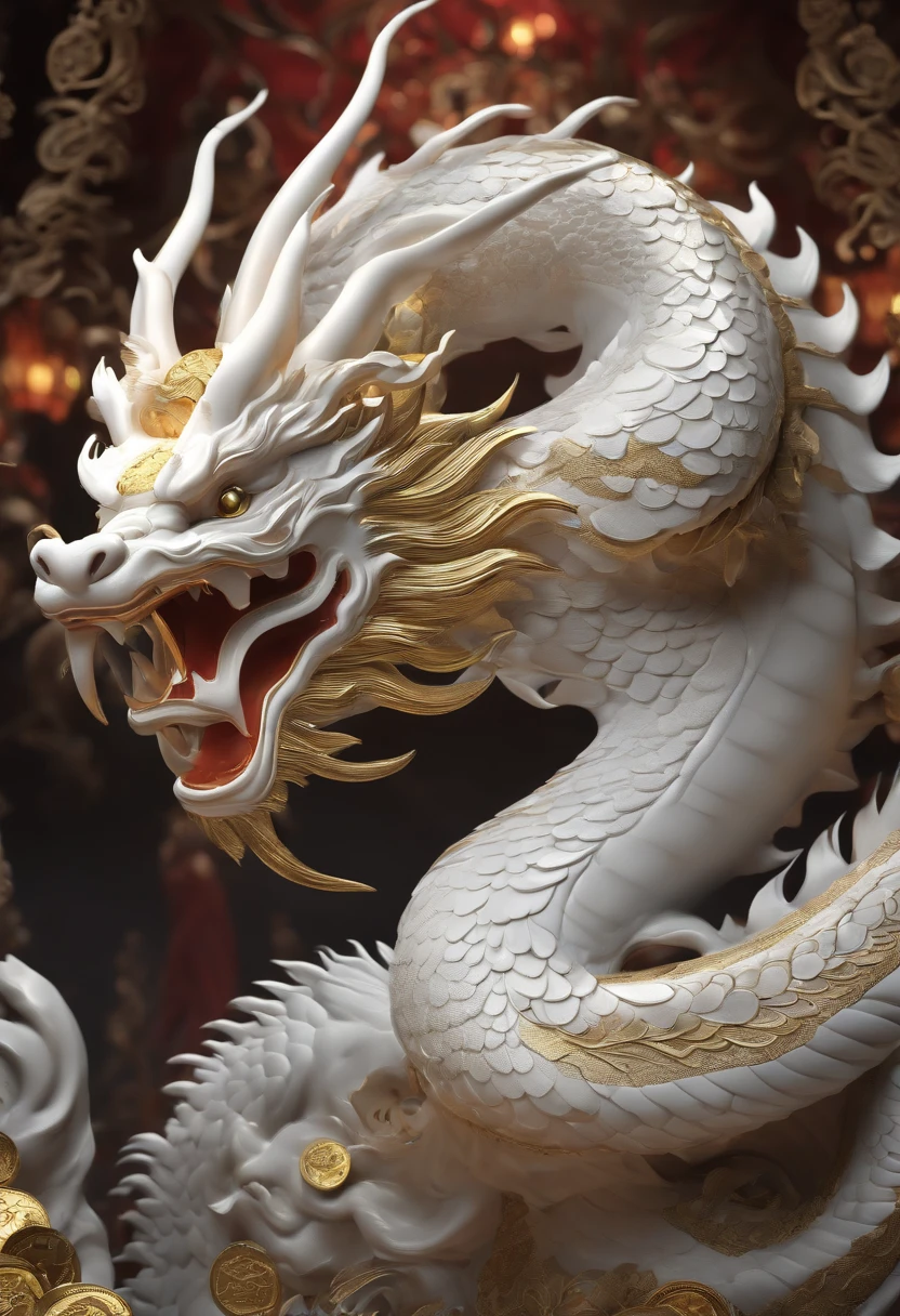 "Very nice 3d rendering of white Chinese dragon,Dynamic representation, Vivid effects and details,Top image quality,A high resolution,plethora of colors, A bunch of coins, treasure"