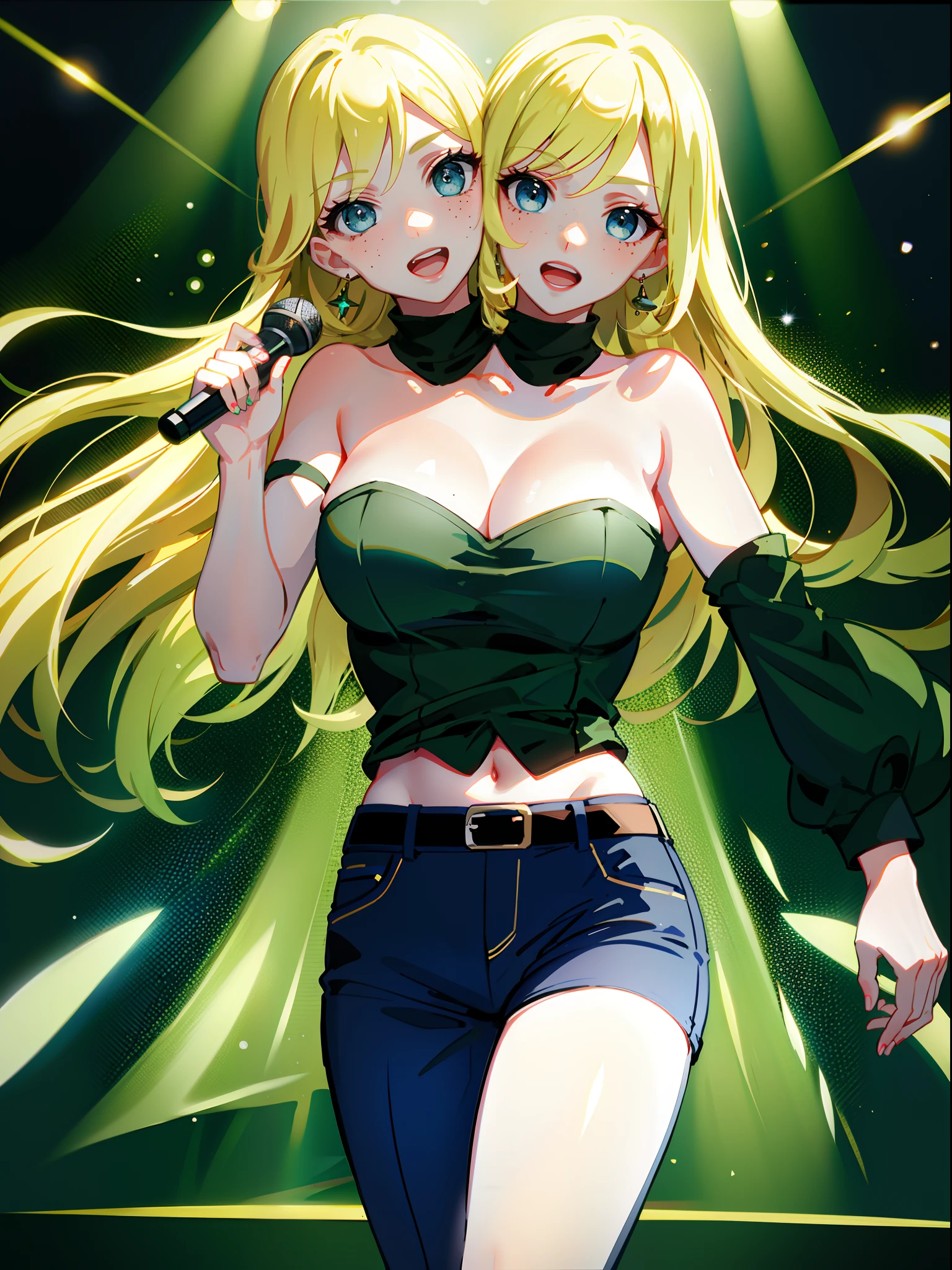 (masterpiece, best quality), best resolution, (2heads:1.5), 1girl, blond hair, green eyes, freckles, open mouth, singing, holding a microphone, blue jacket, black pants, karaoke lounge