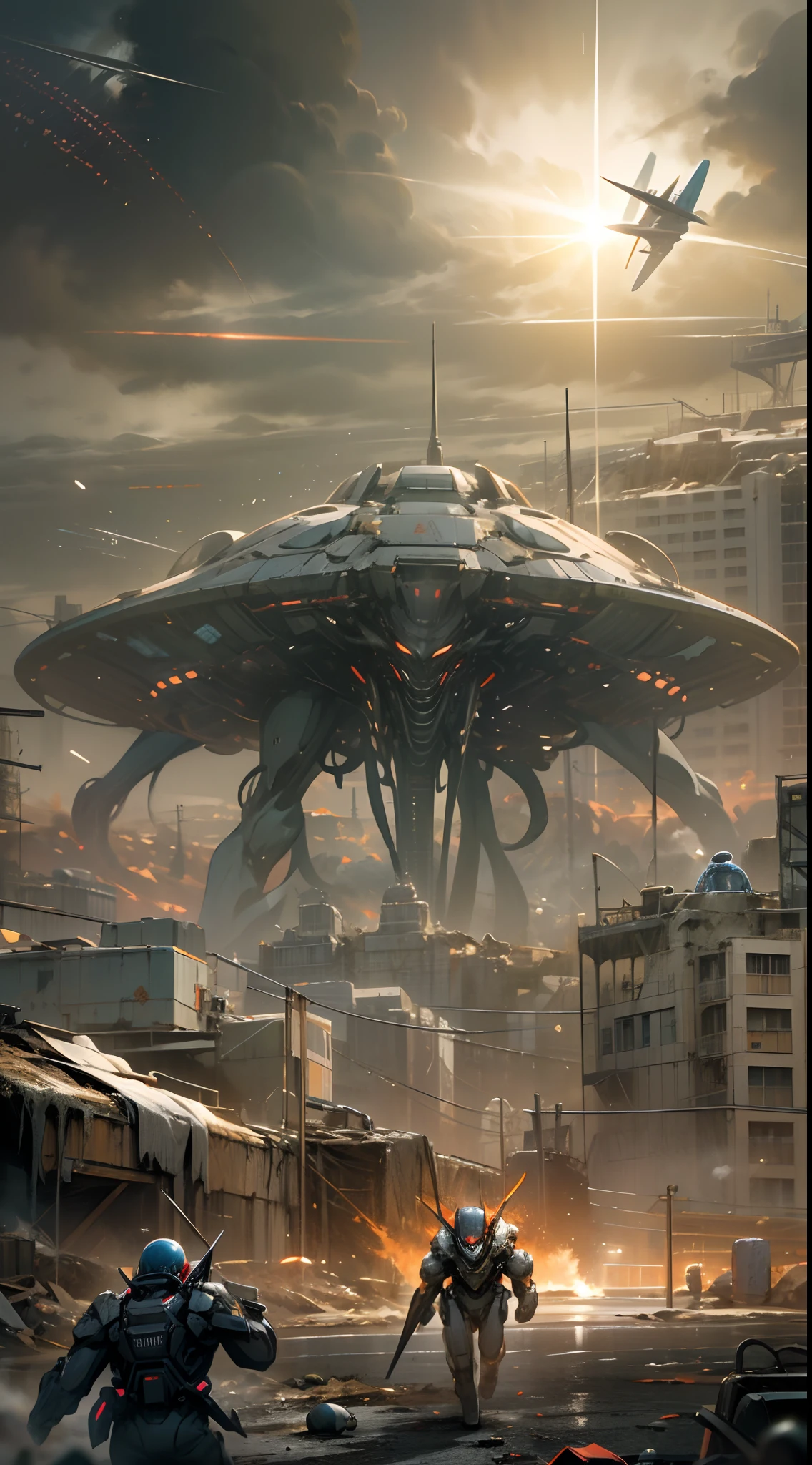 War of the Worlds，Countless fighters，Cockpit perspective，planetes，in fighting，close battle，Crisis，Nervousness，explosions，tragedy，droid，Masterpiece，high-detail，perfect-composition，the golden ratio, Epic invasion scene of giant alien monsters, equipped with powerful futuristic weapons "Creepy and intense alien monster invasion scene with dark atmosphere, dramatic lighting, and intense action. Show powerful extraterrestrial creatures, advanced technology, destroyed cityscape, panicked civilians, and a sense of imminent danger. Generate an unsettling and immersive image that captures the chaos and terror of an otherworldly invasion. a group of humans wearing futuristic suits are fighting with laser guns, bloody war, The scene is extremely complex, extremely impressive with intricate details, extremely smooth displayed textures. Bright, sharp light" masterpiece, best quality, intricate detail, complex scenery, thrilling, dramatic action, 8k, hdr